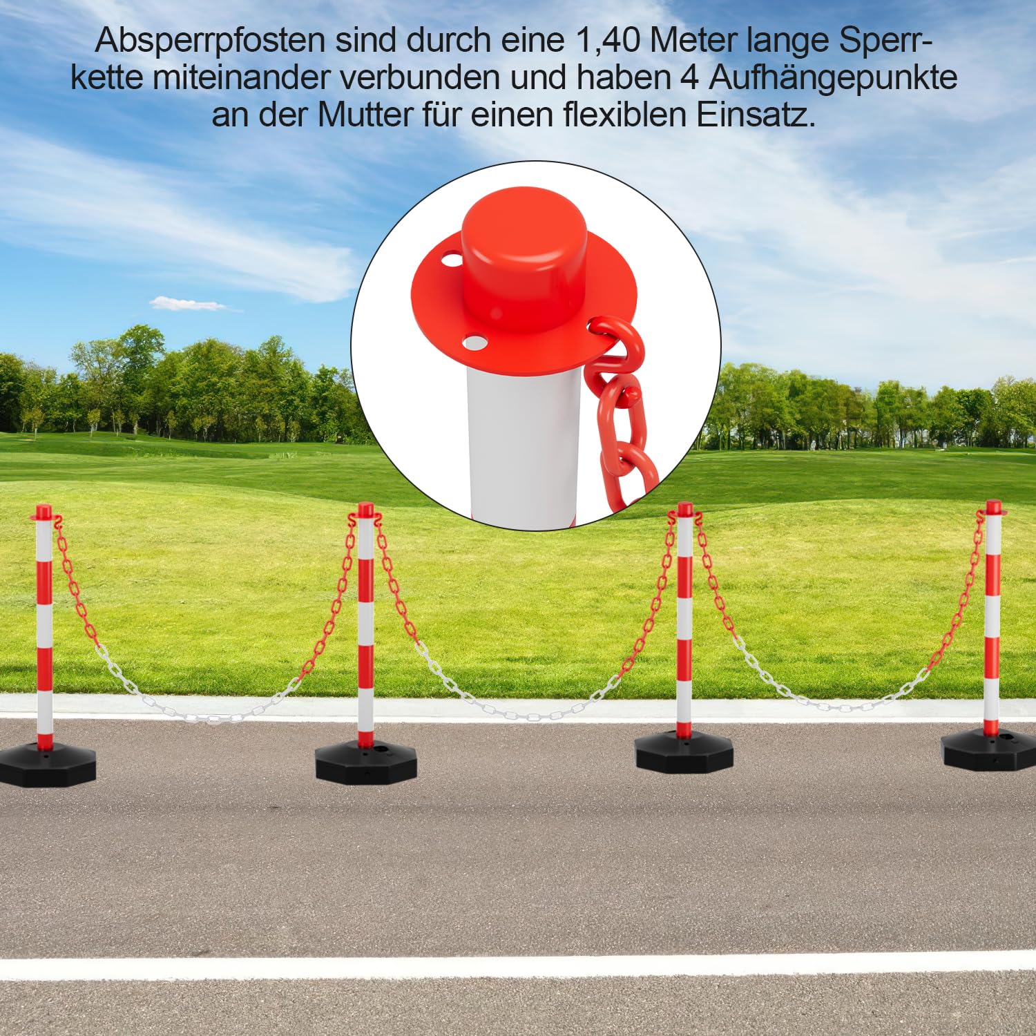 Ikodm 4X Absperrpfosten, Kettenpfosten von 1,4 m Kunststoff Absperrketten Rot und Weiß, Poller Standfuß fasst 3,5 kg Wasser und Sand, Sperrpfosten für Parkplatz, Garage, Auffahrt, dem Tor