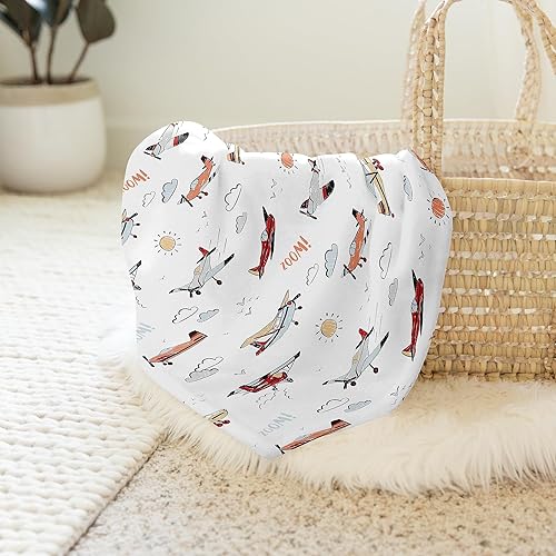 Miniatura 4 de Sweet Jojo Designs Manta de bebé vintage con diseño de avión para bebé, recién nacido, tejido ligero elástico para recibir, cubierta de cochecito de