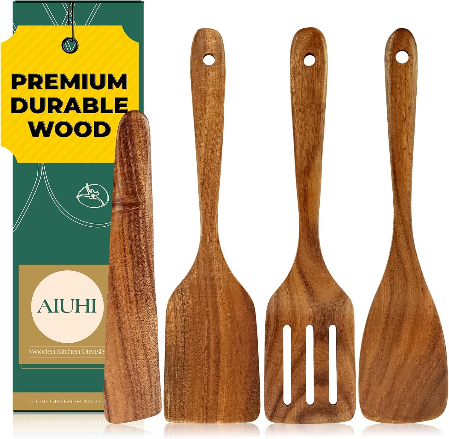 AIUHI Wooden Spatula for Cooking, 4Pcs Natural Teak Wood Turner Set for Nonstick Cookware, Wooden Cooking Utensil Set for Frying, Flipping, Scraping, and Turning