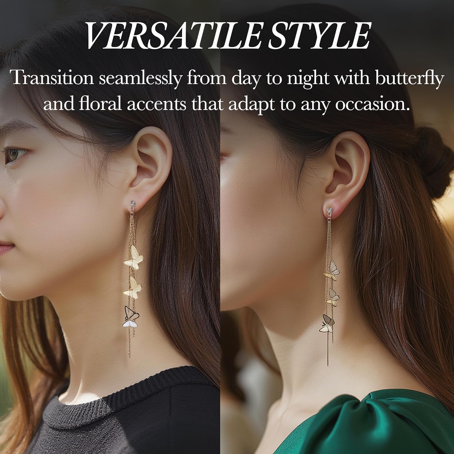 Kruckel Golden Butterflies Long Drop Dangling Earrings | Cute Sparkly Stud Dangles, Lightweight Jewelry for Women | Easy Wear Fashion Design Accesory Packed with Durable Jewelry Box (Butterfly) - Image 3