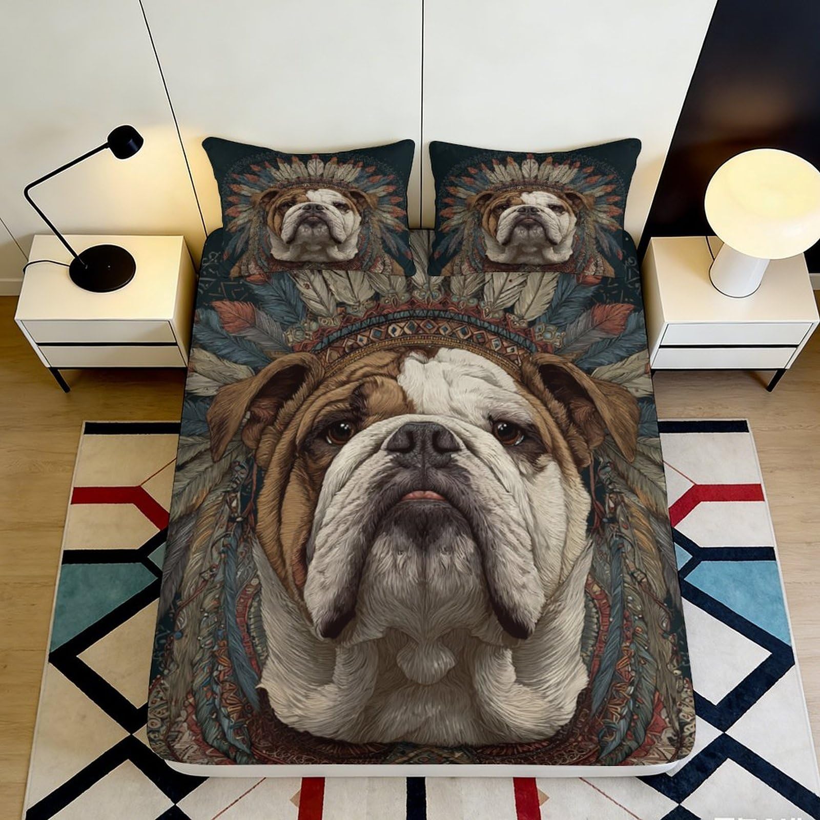 Pnayamiorkfel Style-7 3D Printed Bulldog Headdress Fitted Sheet Microfiber Soft Anti-Slip Mattress Cover For Bedroom Guest Room Decor 90X200x25cm
