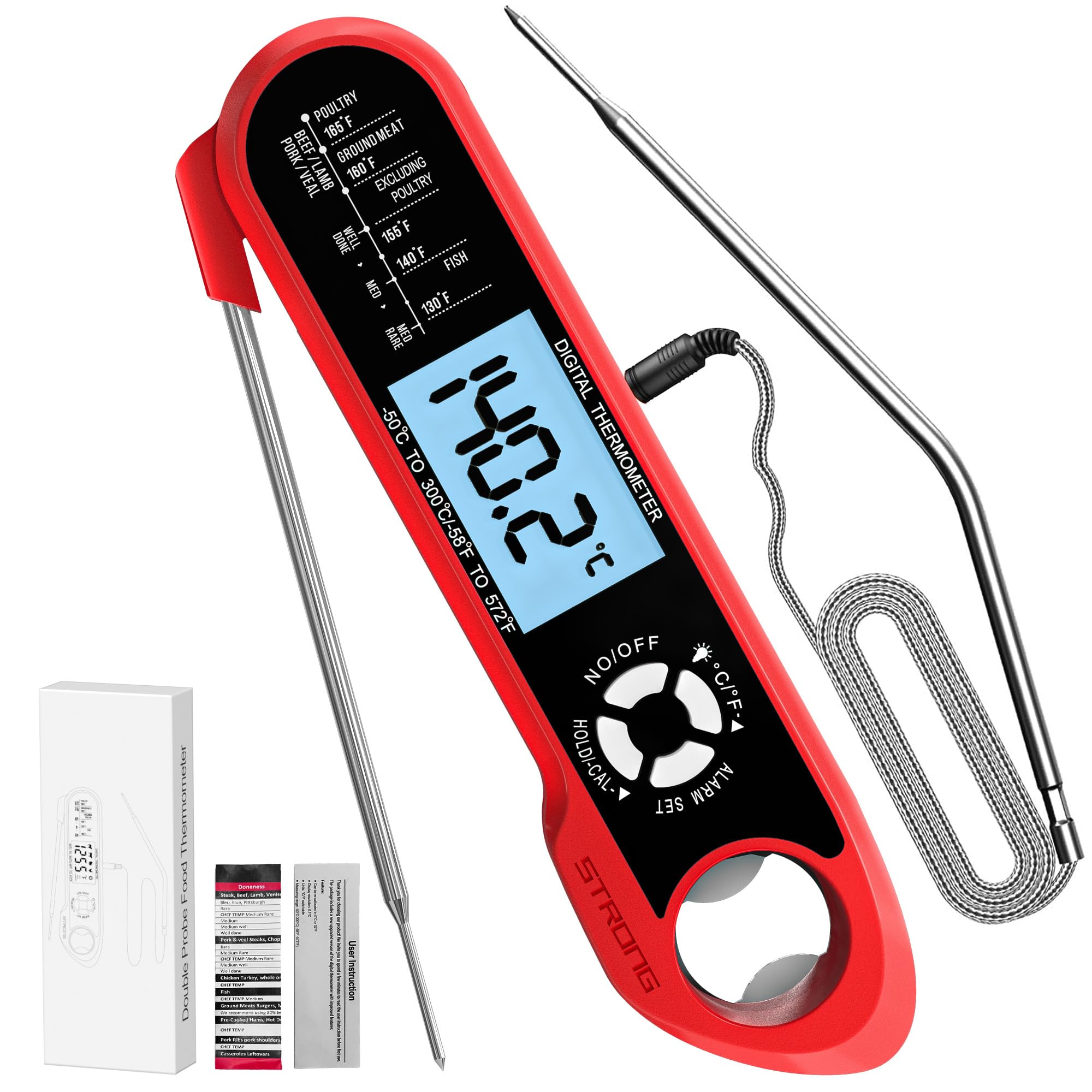 RUN HELIX Meat Thermometers, Fast & Precise Read Food Thermometer with 115.5cm Wire Probe, Backlight LCD Display, Digital Thermometers, Perfect for Cooking, BBQ, Candy Making, Milk, Water & Meat(Red)