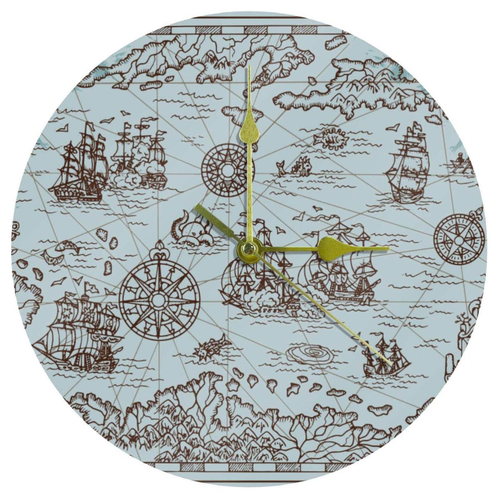 Horloge murale silencieuse à piles motif carte nautique vintage 24cm