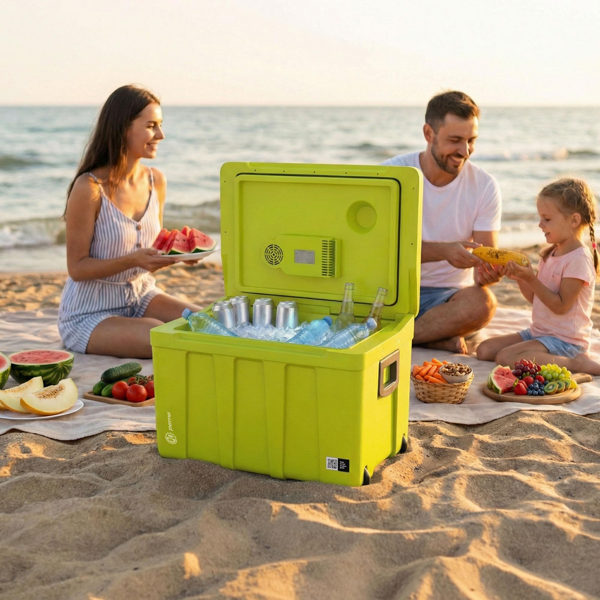 peme Frigo Portatile 46,5L - Frigorifero Elettrico con Caldo/Freddo, Doppia Alimentazione 12V & 240V Modalità Ruote e Maniglia Funzionamento Silenzioso per Auto Camper - Essential XL 50 Neon Jungle