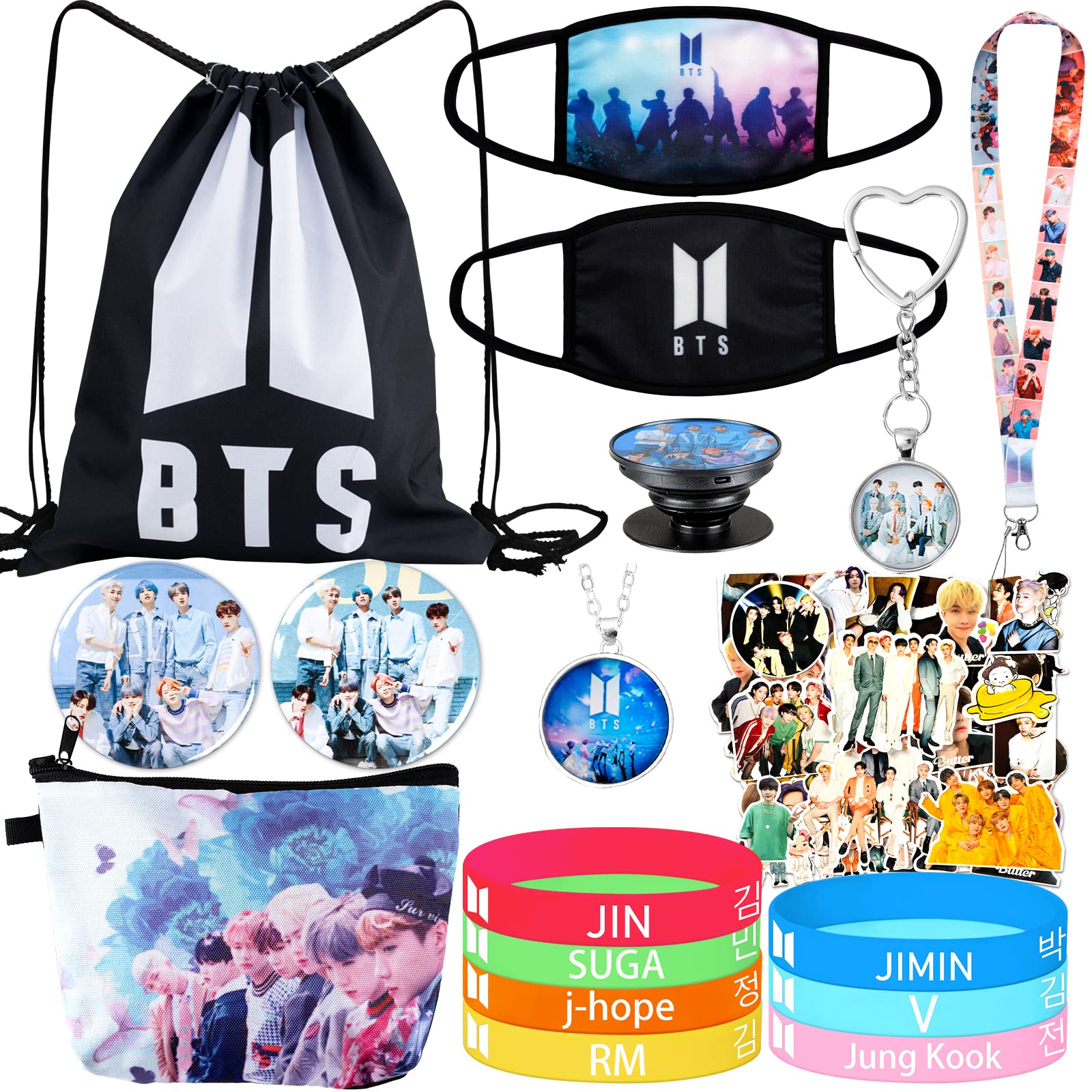 BTS Birthday Merch, 66 Pcs Bangtan Boys Set, 1 Backpack, 1 Wallet, 1 Key Chain, 1 Lanyard, 1 Bracket, 2 Mask, 2 Button Pins, 8 Decorations (Hand, Neck), 50 Stickers