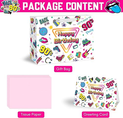 Miniatura 4 de BATYONGOGA Bolsa grande de regalo de cumpleaños de los 90 de 13 pulgadas con asas, tarjeta de felicitación y papeles de seda, color negro, temática