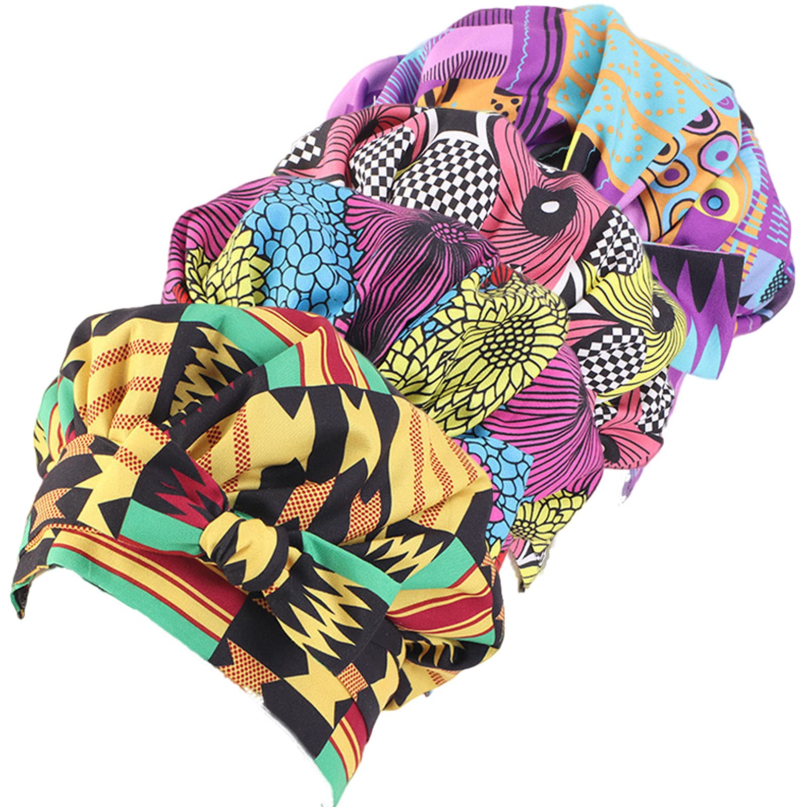 Qianmome 4 Pieces Kids Turban Hat Extra Large Satin Lined Bonnets Hat African Ankara Long Ribbon Headwrap Ankara Hair Bonnet