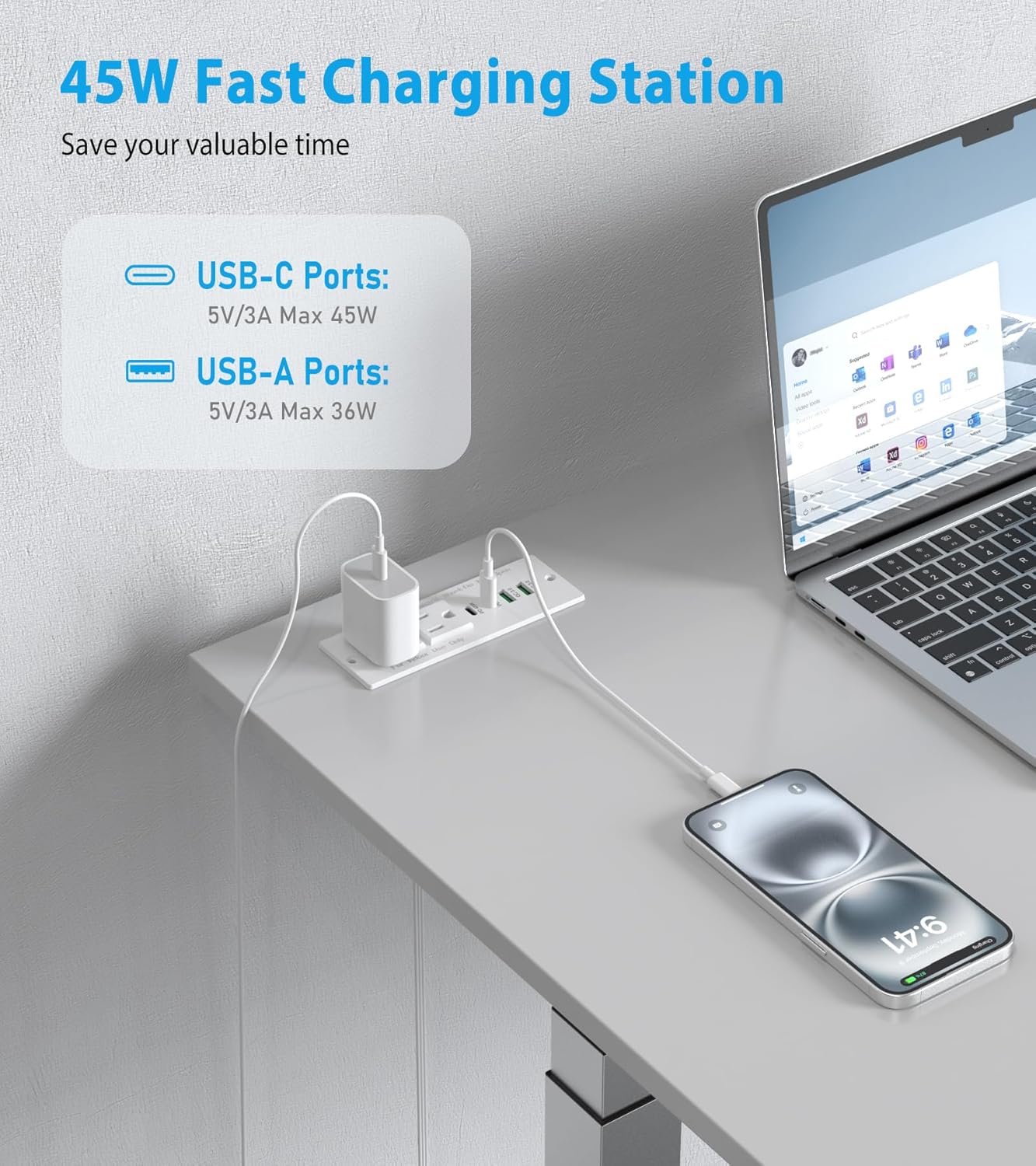 45W USB C Recessed Power Strip, Recessed Outlet with 2AC & 2 PD USB C + 2 QC USB-A Ports, Flush Mount Furniture Hidden Drawer Fast Charging Station for Home Office-6FT