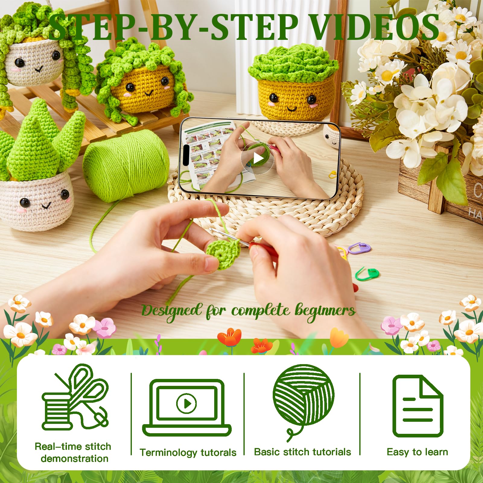 MAGIMUSE Kit de ganchillo para principiantes, kits de inicio de ganchillo para adultos, kits de ganchillo para tejer amigurumi, juego de hilo con tutoriales en video paso a paso, familia de plantas