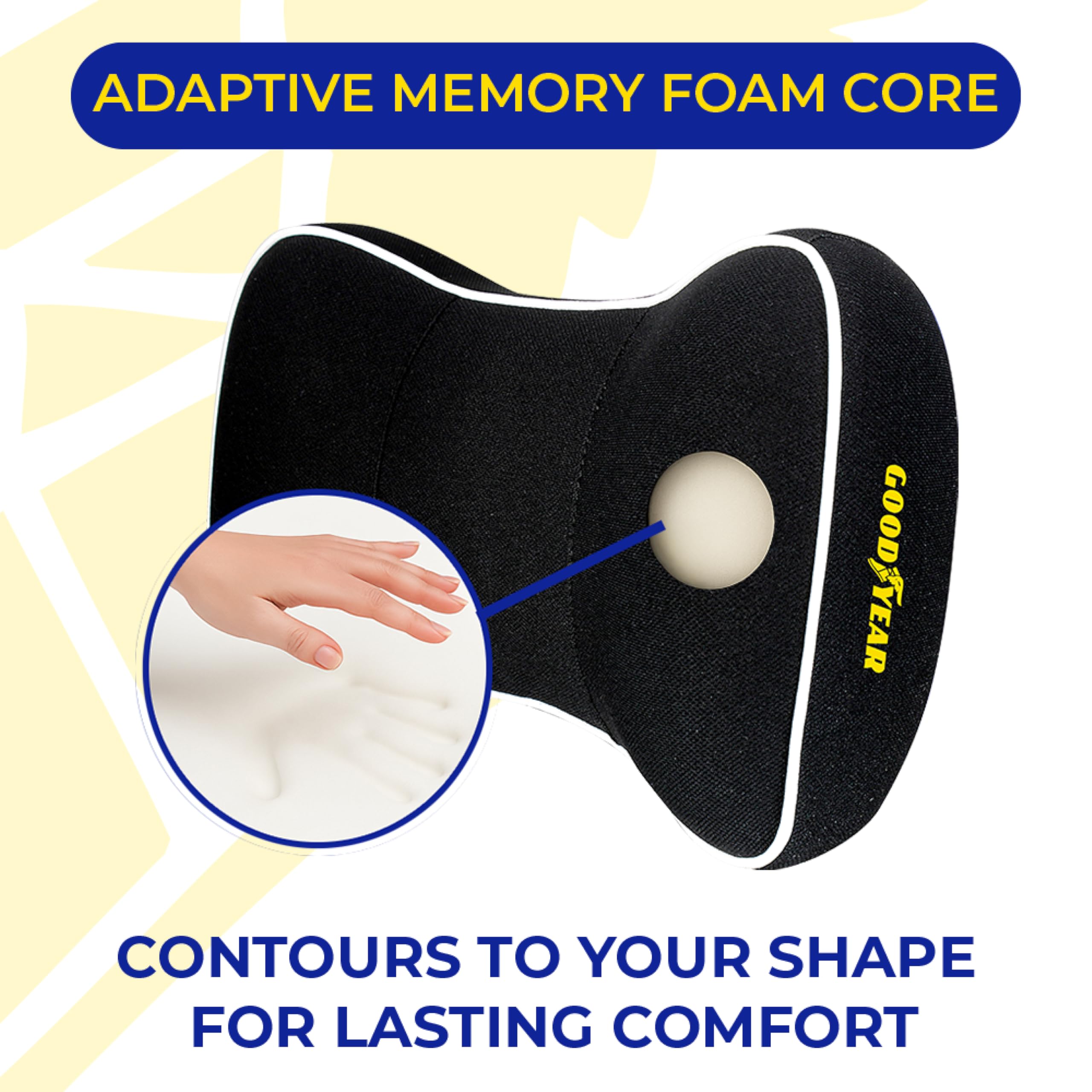 Goodyear GY1007 - Cuscino cervicale da viaggio per auto/SUV, 100% pura memory foam, aiuta ad alleviare il dolore al collo e migliorare la circolazione, cinghia regolabile, supporto per il collo