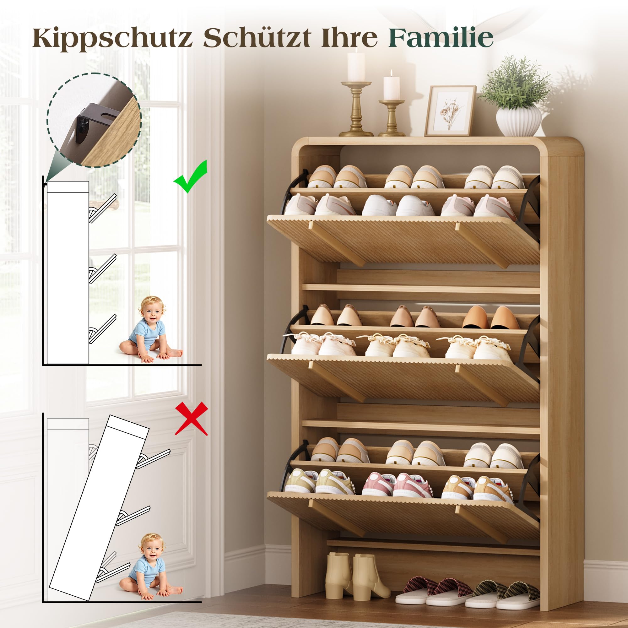 LUXOAK 120 cm Schuhschrank, 3 Klappen, verstellbare Fächer, Sonoma-Eiche | 18-21 Paar Schuhe, Fluted-Oberfläche, Kippsicherung, 25 cm Slim-Design, Schnelle Montage