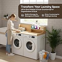 Vista 6 de SOBHI Encimera para lavadora y secadora de madera maciza con complementos de lavandería Organización y almacenamiento de lavandería de 54 x 27