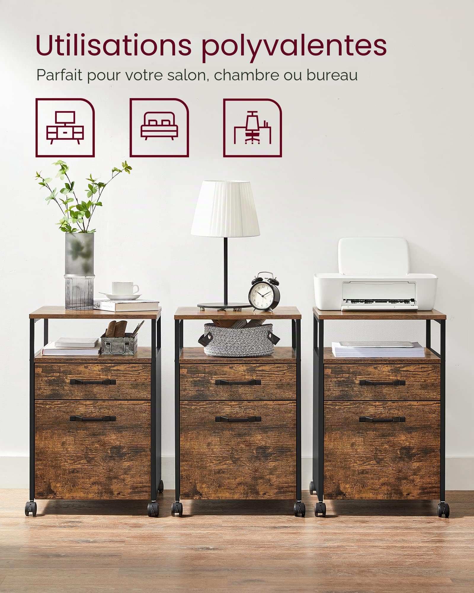 VASAGLE Caisson de Bureau à 2 Tiroirs, Rangement Document à roulettes, Mobile, Compartiment Ouvert, Cadre en Acier, Style Industriel, Marron Rustique et Noir d'encre OFC71X