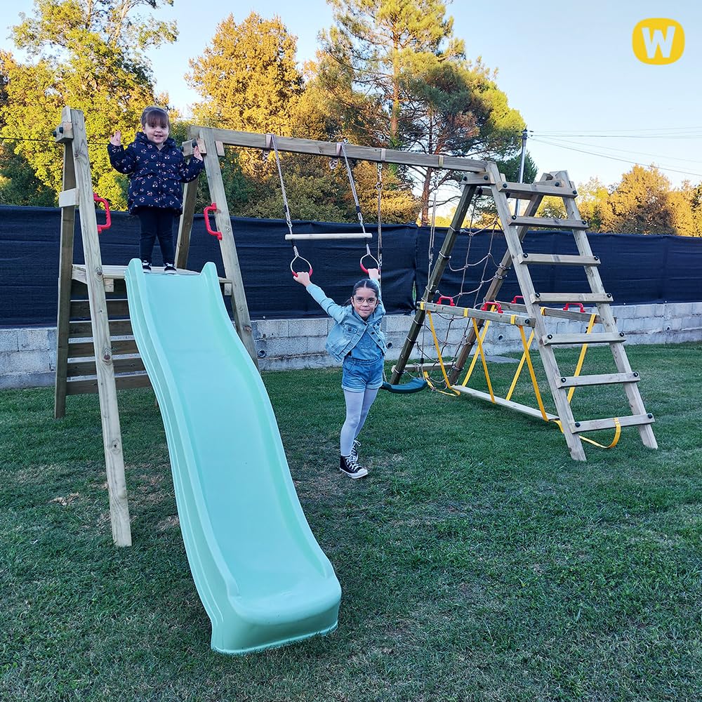 WICKEY Kinderschaukel Schaukelgestell Smart Shake mit Grüner Rutsche und Kletteranbau, Schaukel, Schaukelgerüst, Doppelschaukel, Holzschaukel für den Garten