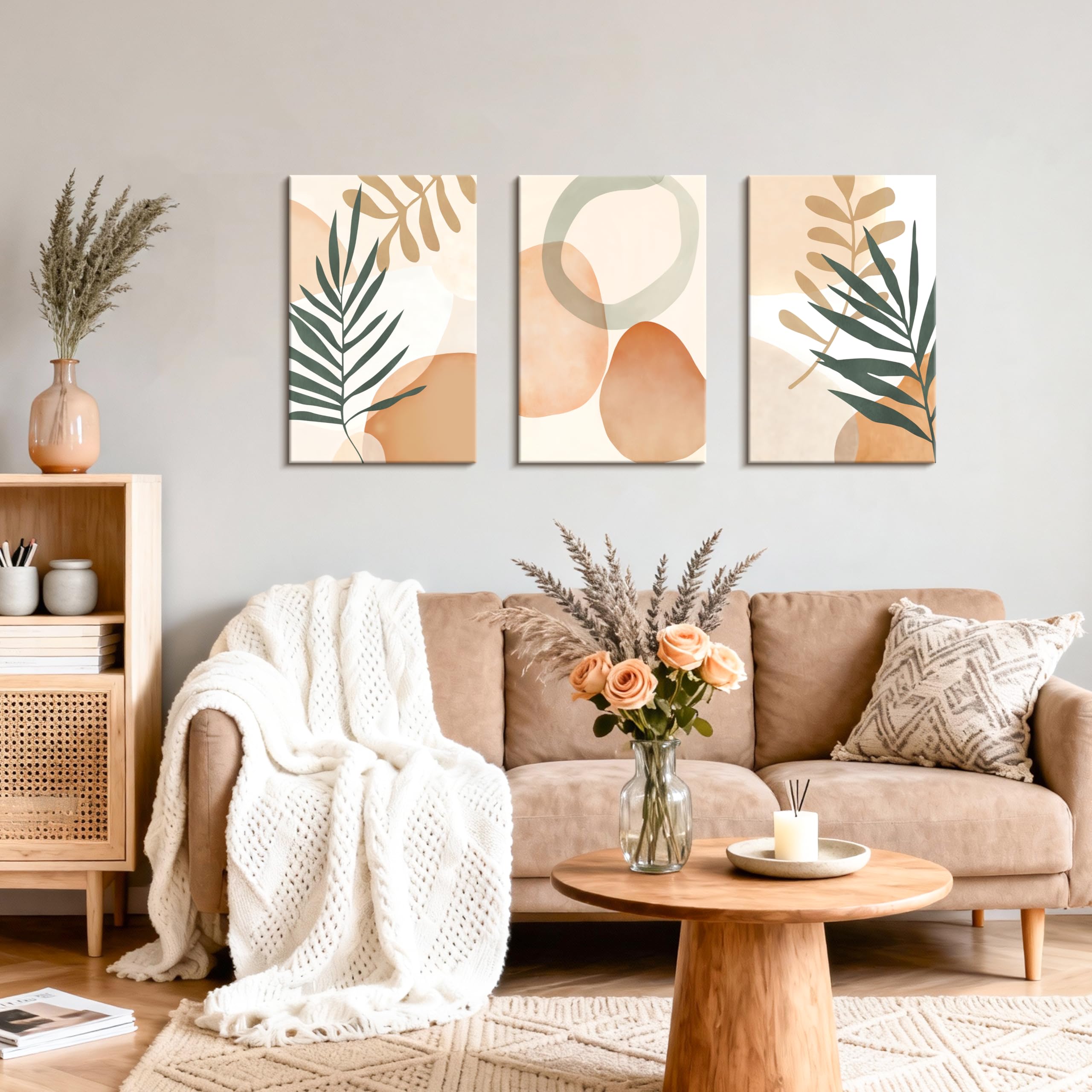 3 Pcs Wooden Framed Canvas Wall Art Set Bohemian Sage Green Canvas Prints Poster Geometric Line Beige Green Pictures for Living Room Bedroom Dinning Room Hallway Stairs Wall Decor 30x40cm x3pcs — view 429