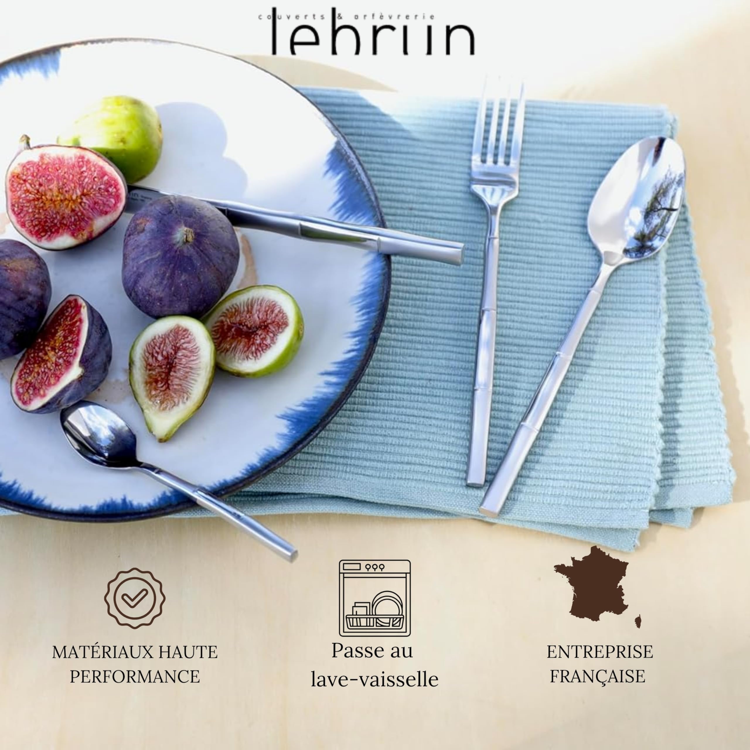 Lebrun Cubiertos BAMBOU – Cubertería de 24 piezas – Vajilla para 6 personas – Juego de 6 tenedores, 6 cuchillos de mesa, 6 cucharadas, 6 cucharaditas – Diseño moderno – Marca francesa