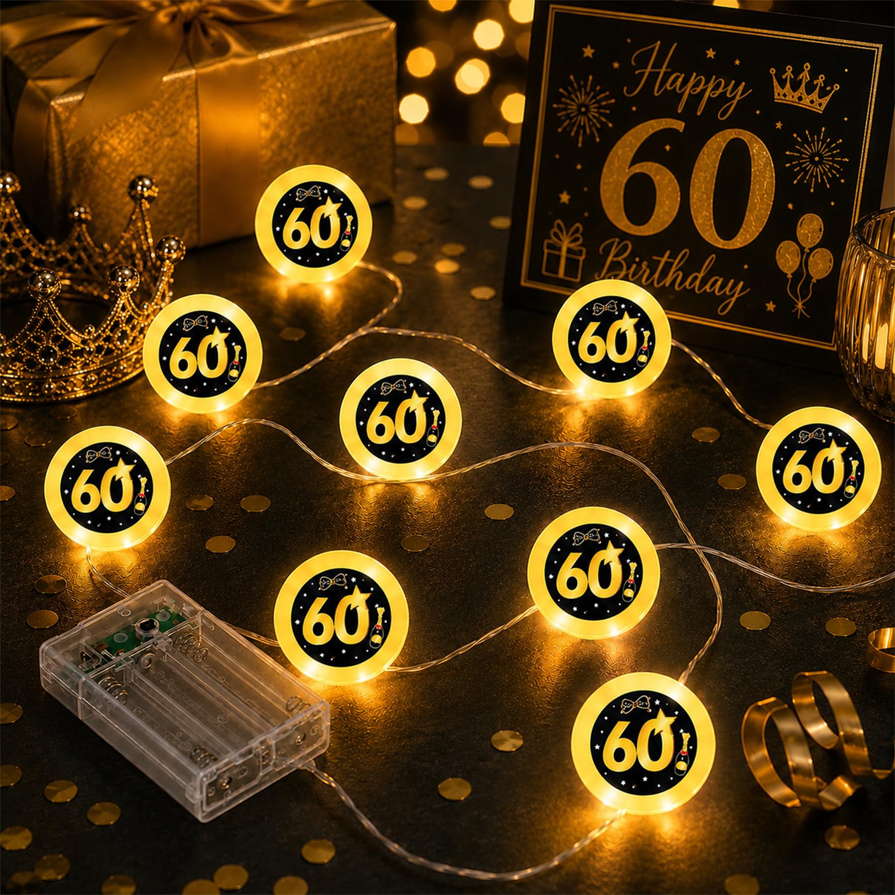 60th Birthday Decoration, 2 m 20 LED Birthday Fairy Lights, Battery — image 1