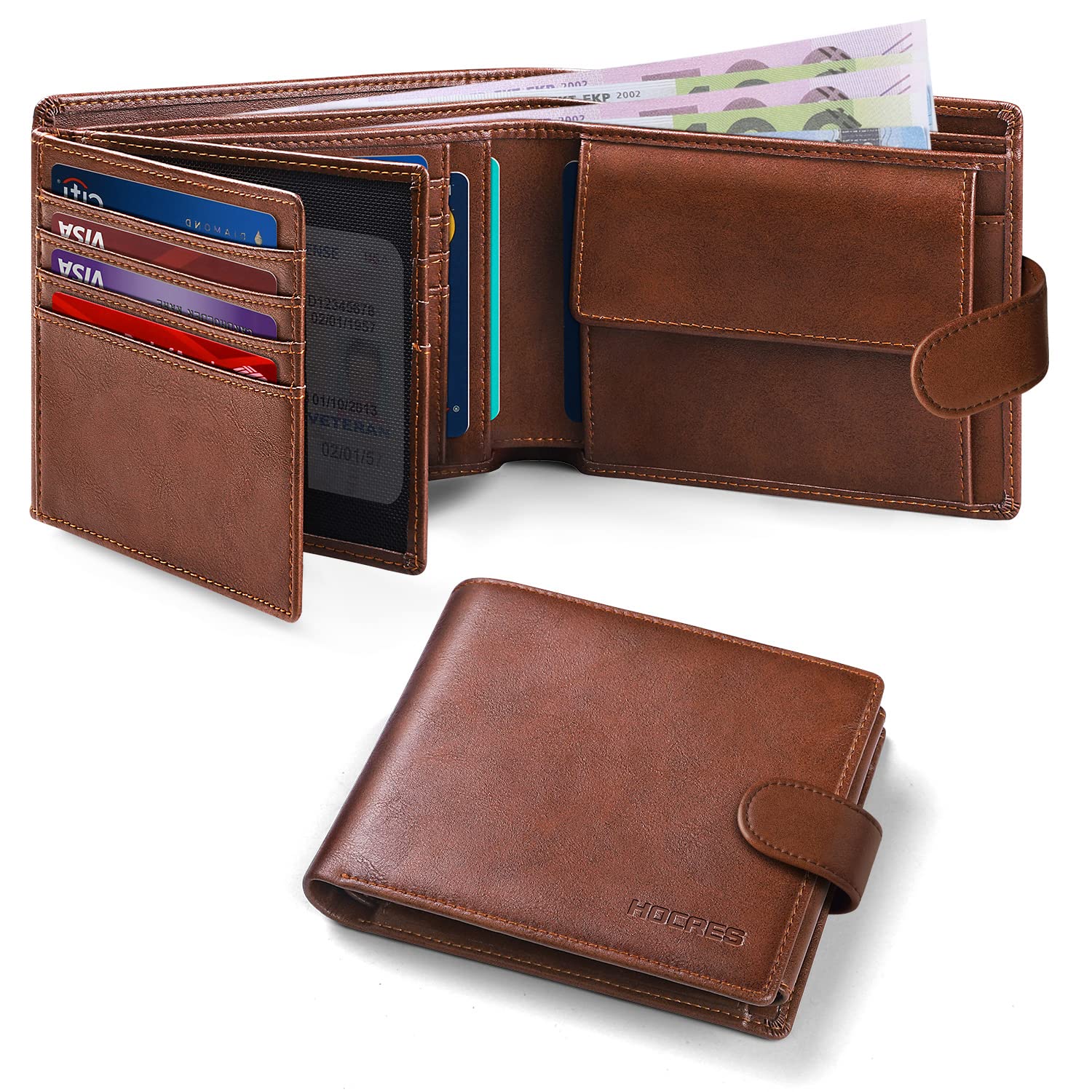 HOCRESWallets for Mens Muti-Functional RFID Blocking Leather Wallet with 15 Credit Card Holders, 2 Banknote Compartments & 2 ID Window Minimalist Wallets Men with Gift Box