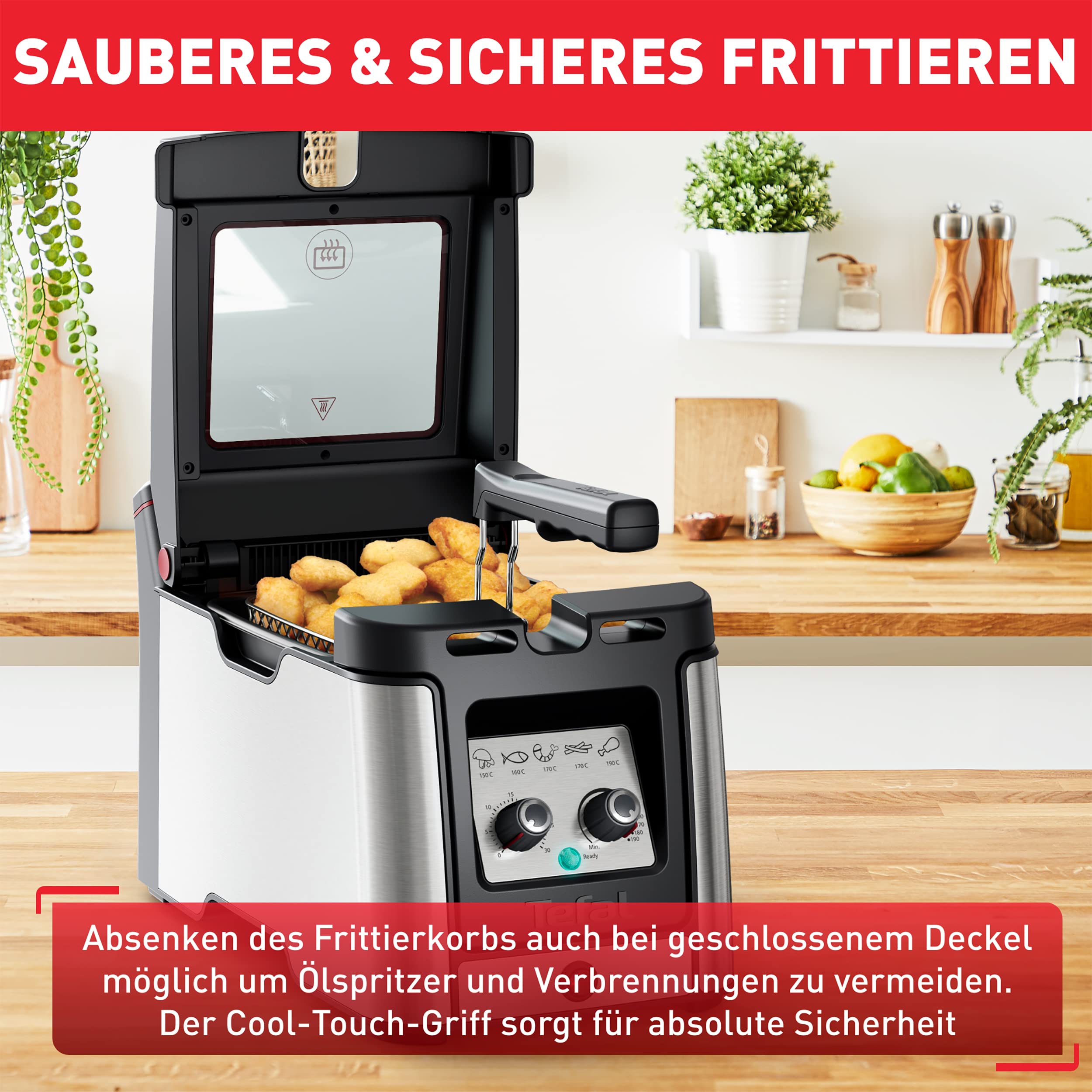 Tefal Clear Duo Fritteuse, frittieren mit weniger Rauch/Gerüchen, Kapazität 1,2 Kg, Thermostat, Timer, großes Sichtfenster ohne Beschlagen, spülmaschinenfest, schwarz, Edelstahl, Friteuse FR600D