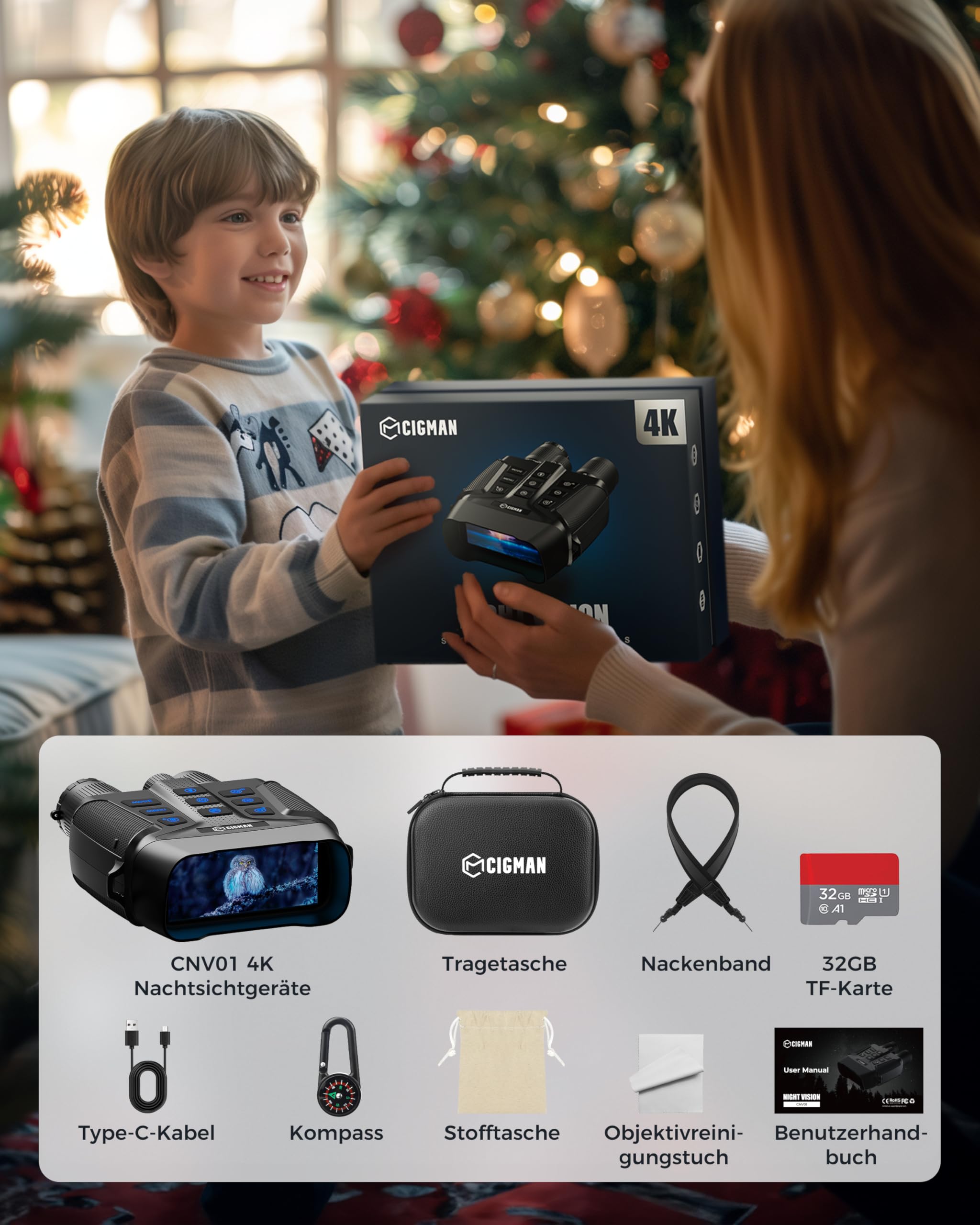 CIGMAN 4K Nachtsichtgerät Fernglas, Infrarot Nachtsichtbrille, Vollfarben Nachtaufnahme, 7-Fach Linse, 18 Std Akkulaufzeit