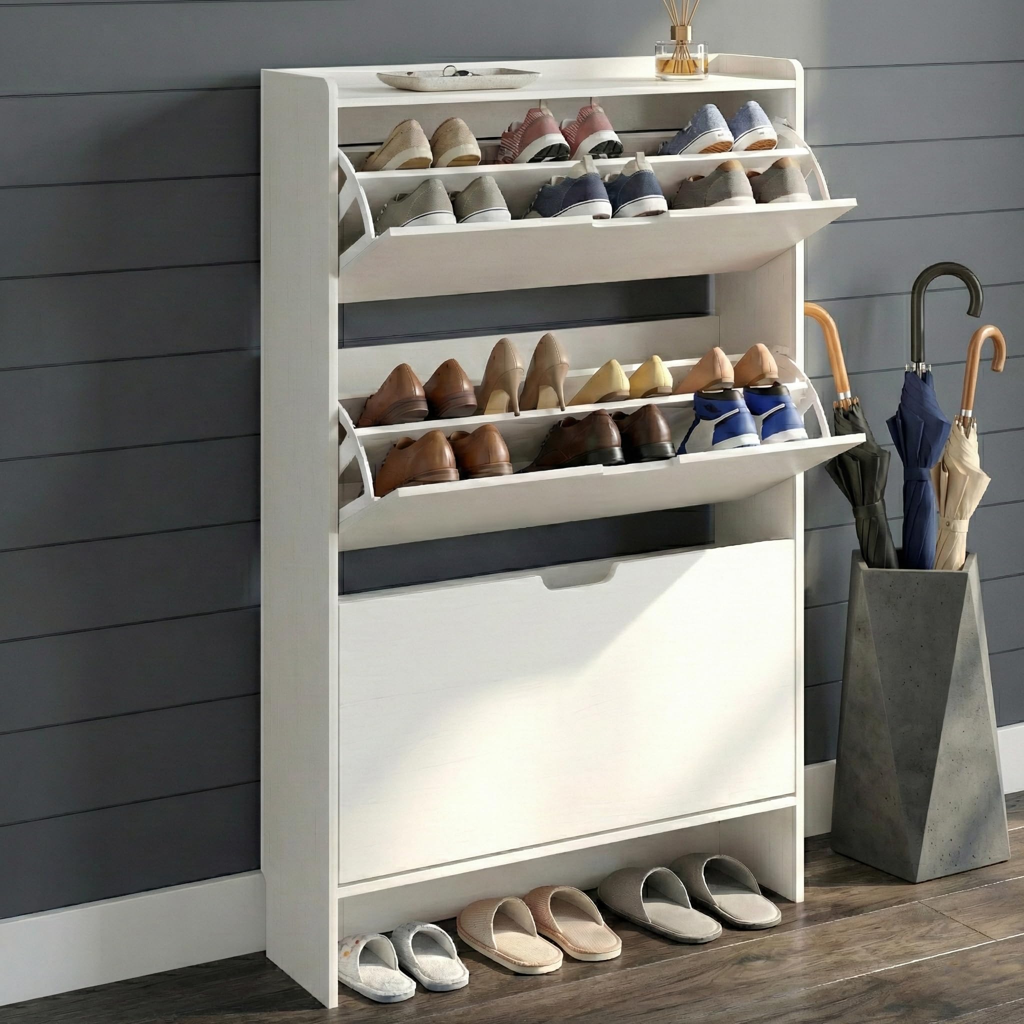 RIHHA Shoe Cabinet for Entryway Slim, 3-Drawer Flip Hidden Shoe Storage for 21 Pairs, Narrow Tall Wooden Rack with Bottom Shelf & Fenced Top, White