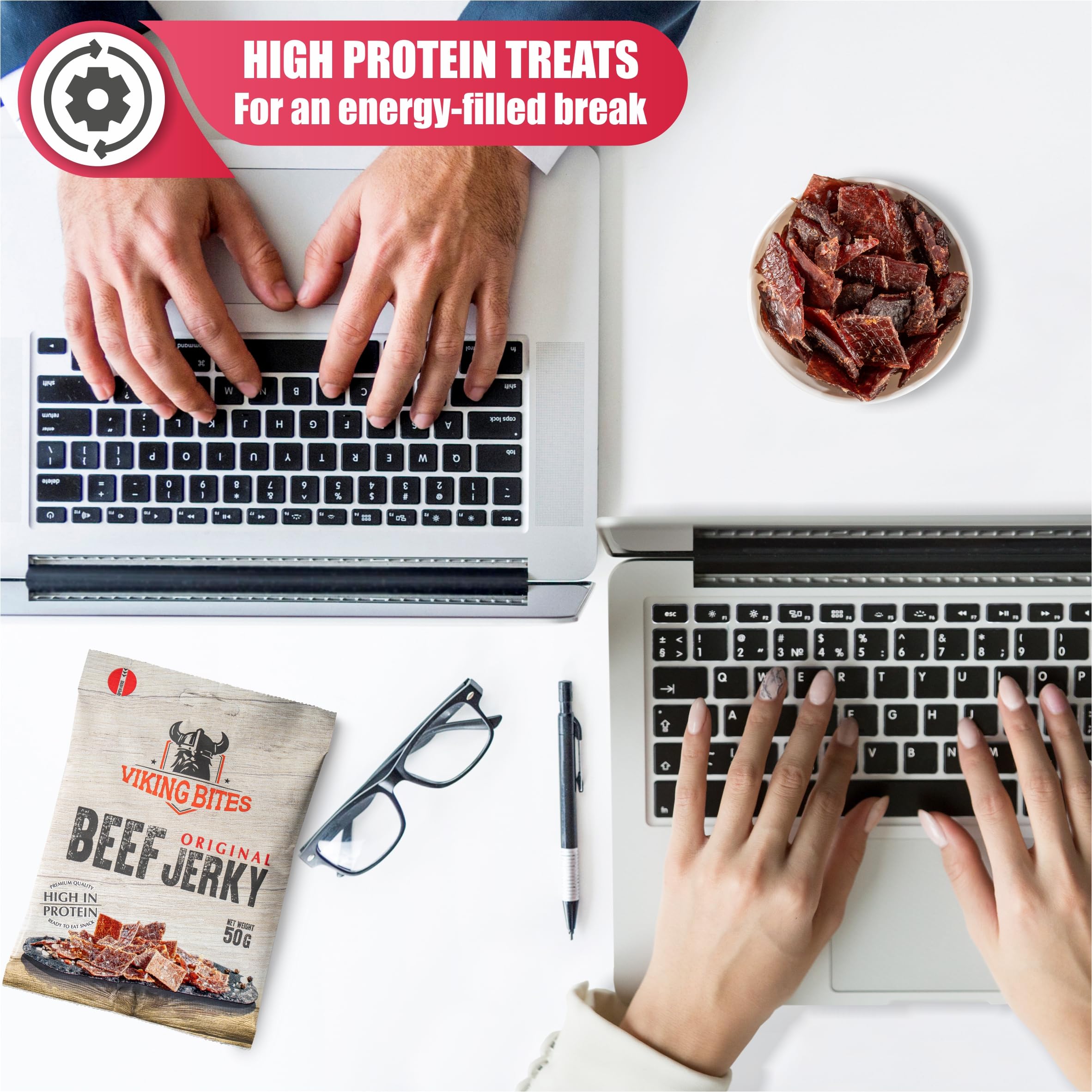 Viking Bites Beef Jerky Original 400 g (8 x 50 g) – Suszona wołowina Oryginalna – Przekąska mięsna o wysokiej zawartości białka