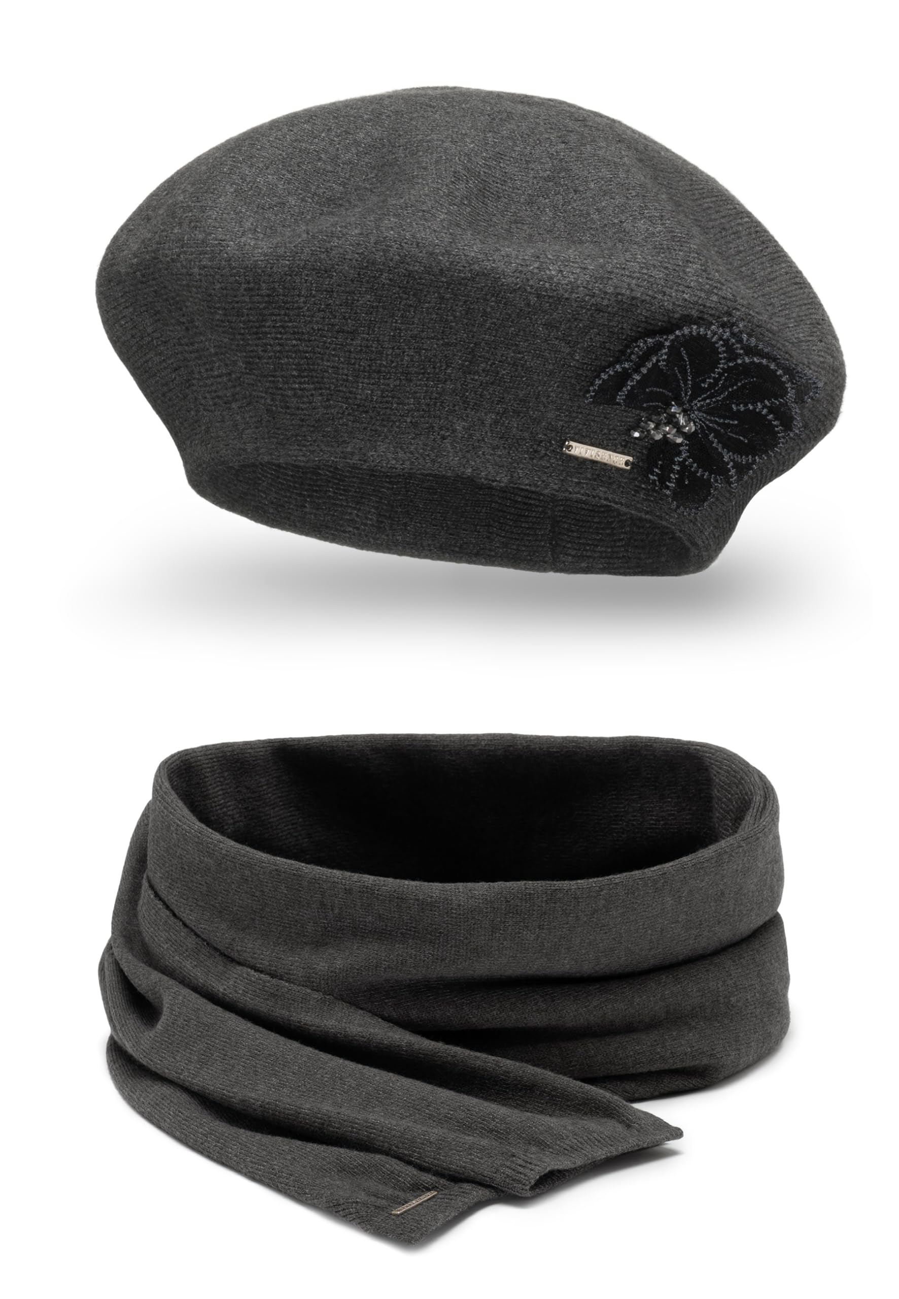 VIVISENCE Beret zimowa damska o klasycznym kroju, elegancka czapka z ciepłą przędzą z dodatkiem wełny, czapka zimowa dla kobiet, aplikacja kwiatowa, idealne dopasowanie, model 7036