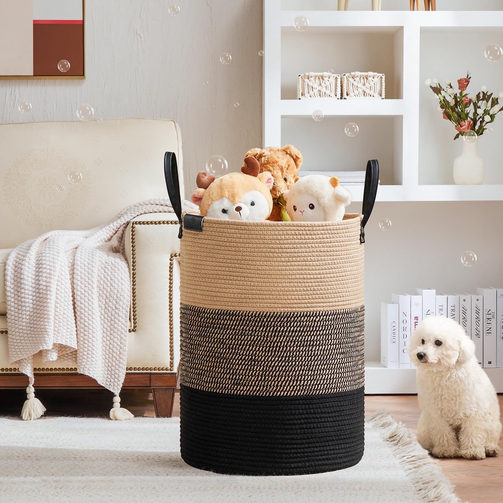VIPOSCO Tall Laundry Basket, Large Dirty Clothes Hamper with Leather Handle, Woven Rope Storage Basket for Blanket, Toy In Living Room, Bathroom, Bedroom - 100L Brown & Black