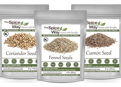 The Spice Way Semillas de hinojo de 8 onzas, semillas de cilantro de 5 onzas y semillas de comino de 8 onzas