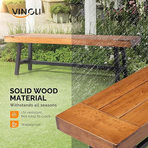 Miniatura 5 de VINGLI Banco de exterior con patas de metal rústico, banco de comedor de madera para interiores y exteriores, bancos de porche para patio, jardín,