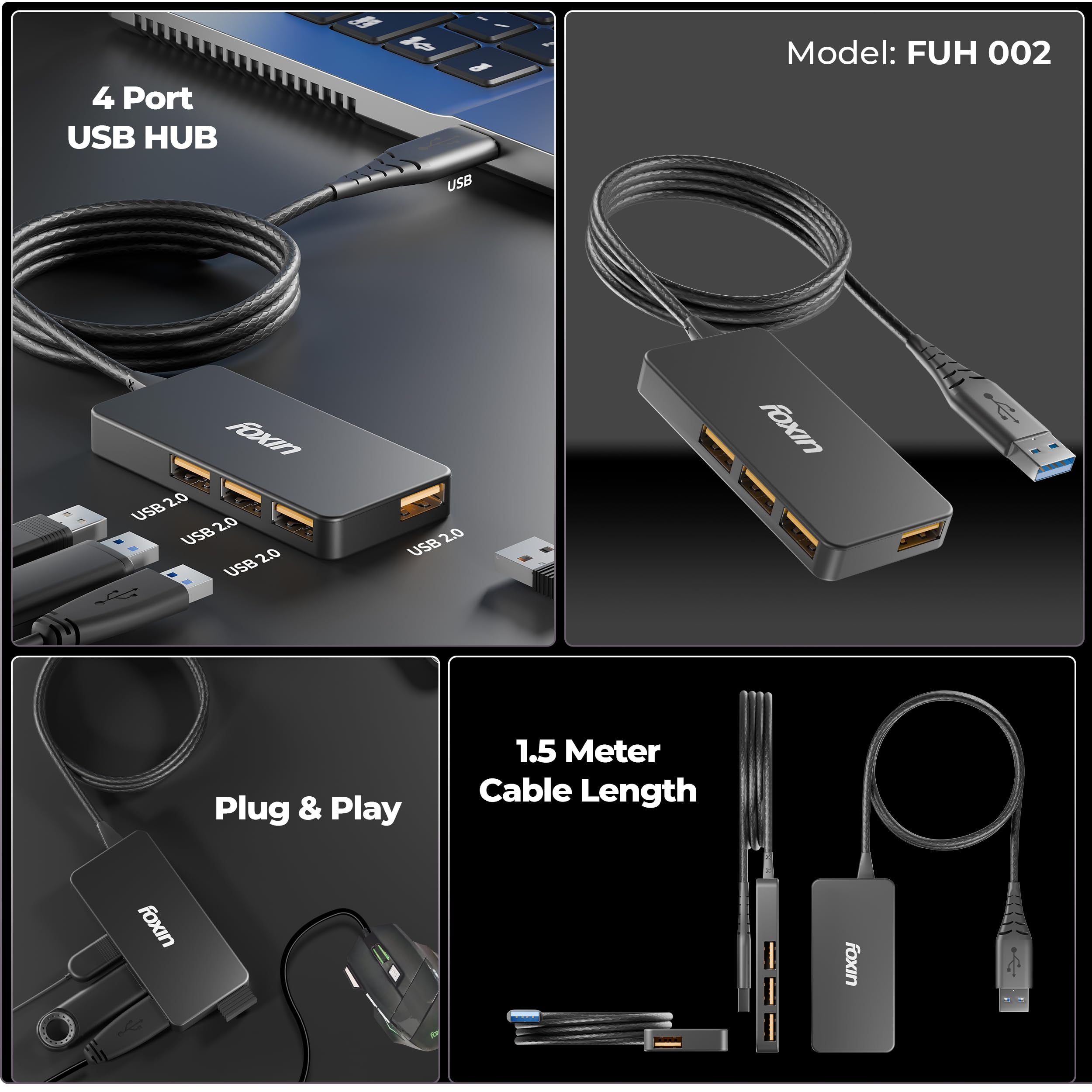 Foxin 4-in-1 USB Hub Ultra Slim | 4 x USB Ports with 1.5 Meter Cable | 480 Mbps Transfer Speed | Multi USB Port Connector for Laptop, PC, Mac | Plug & Play Multiport Adapter - FUH 002 — Amazon image 2