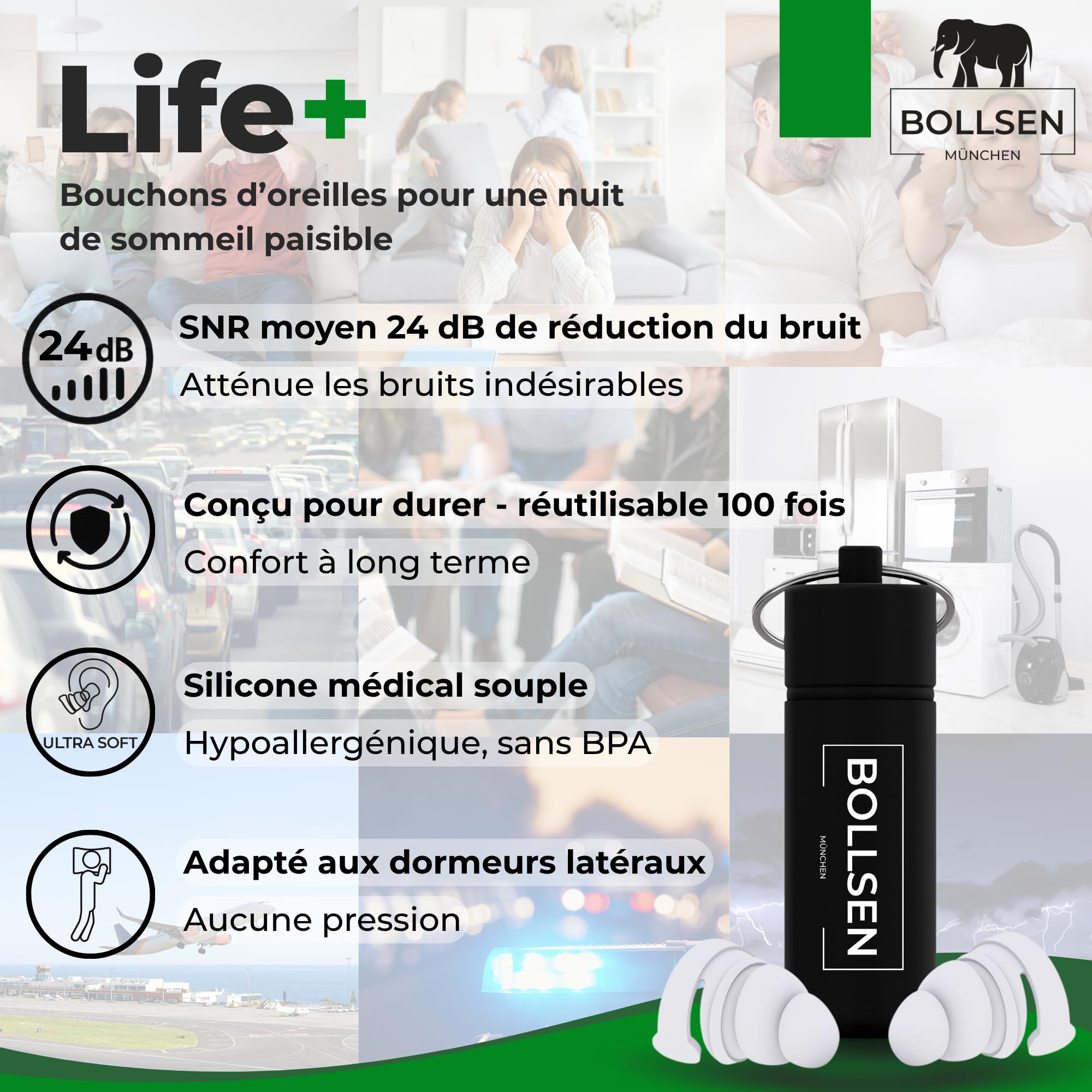 BOLLSEN Life+ Bouchons d’oreilles pour dormir – Bouchons d’oreilles en silicone anti-bruit – Réduction de bruit SNR 24 dB – Confortables jour et nuit – Durables et réutilisables jusqu’à 100 fois (3)