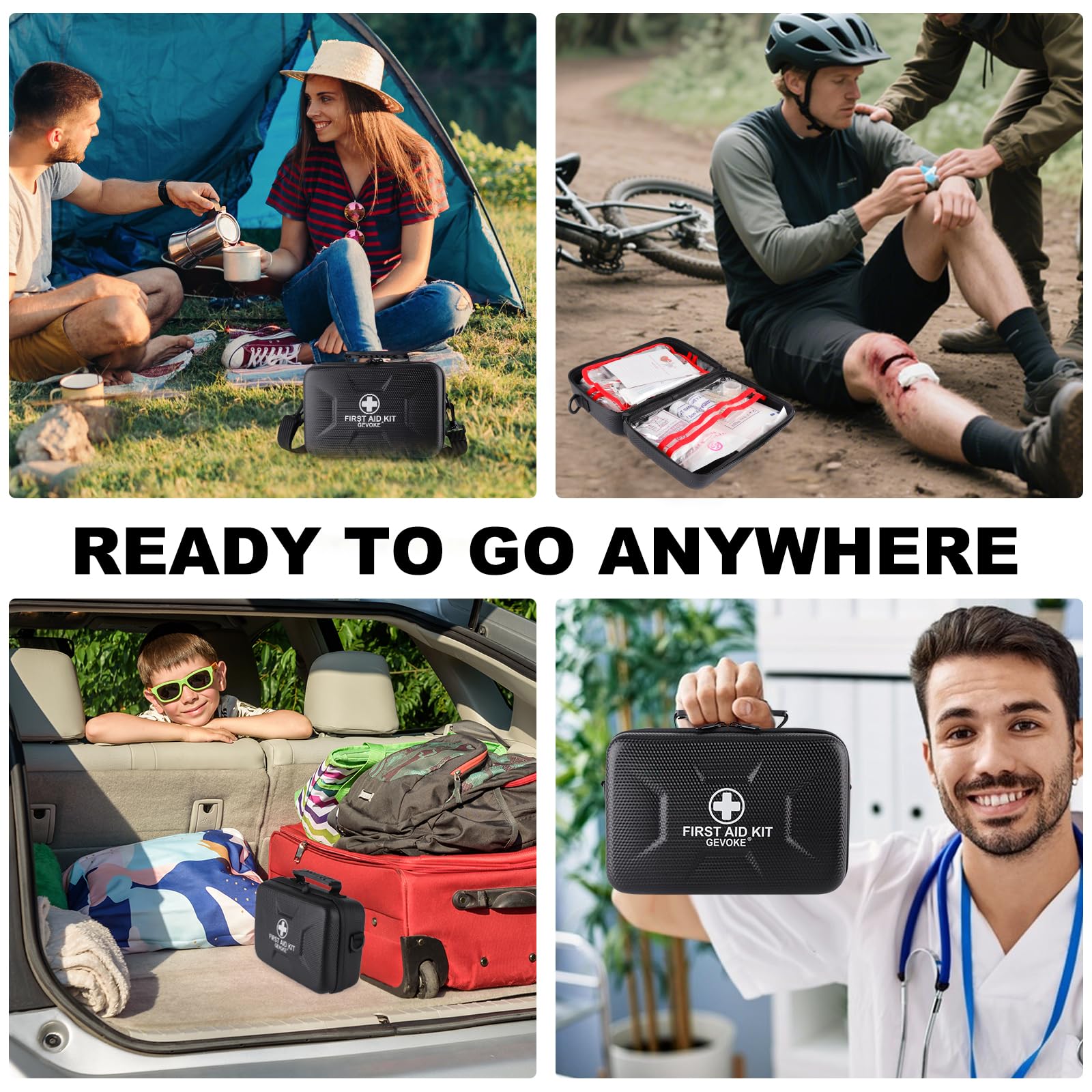 GEVOKE Kit de primeros auxilios de carcasa dura impermeable de 410 piezas para el hogar, automóvil, viajes, camping, camión, senderismo, deportes, oficina, vehículo y emergencias al aire libre - Kits