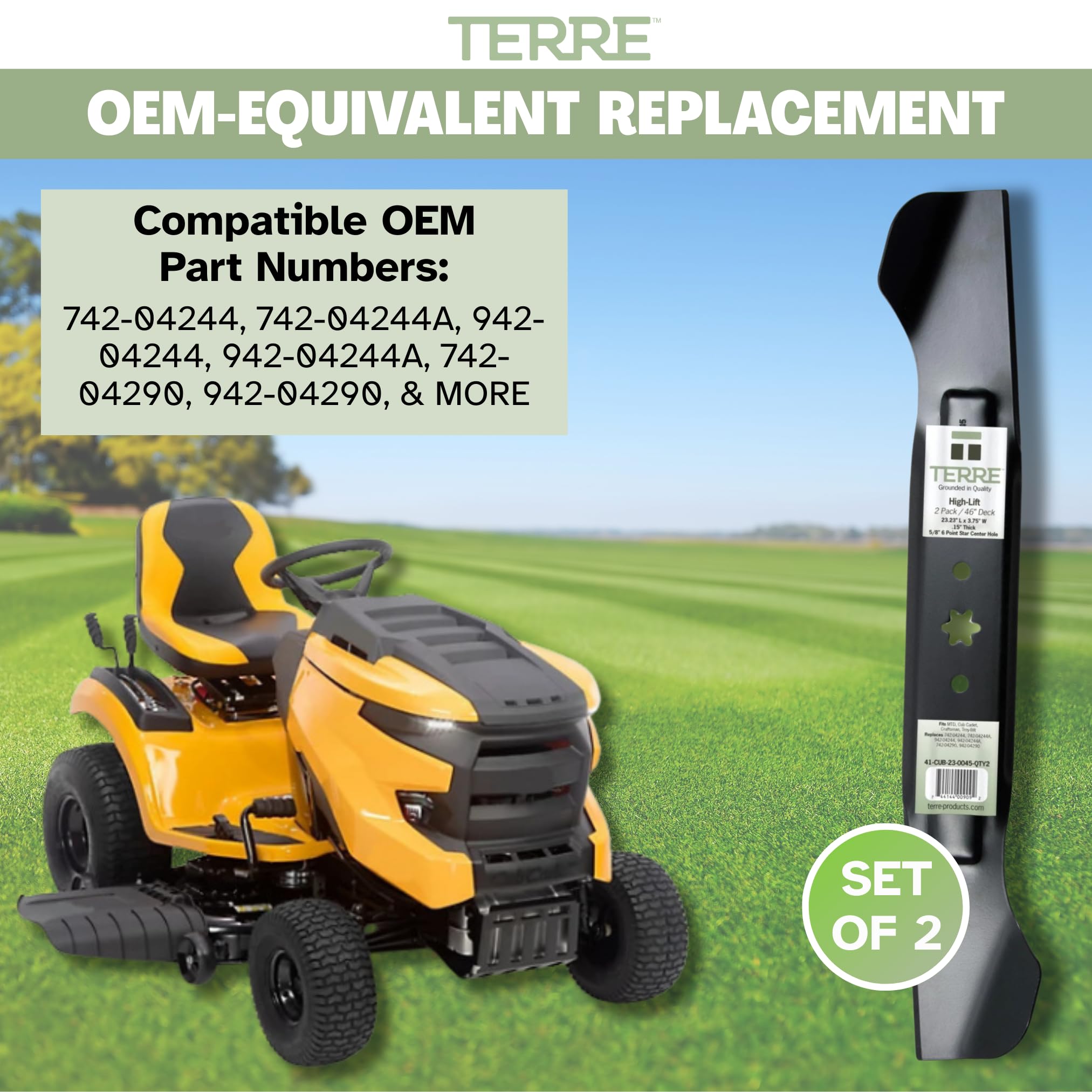 Terre Products - Paquete de 2 cuchillas de cortacésped de alta elevación, cubierta de 46 pulgadas, compatible con Cub Cadet, Craftsman, Troybilt, repuesto para 742-04244, 742-04244A, 942-04244,