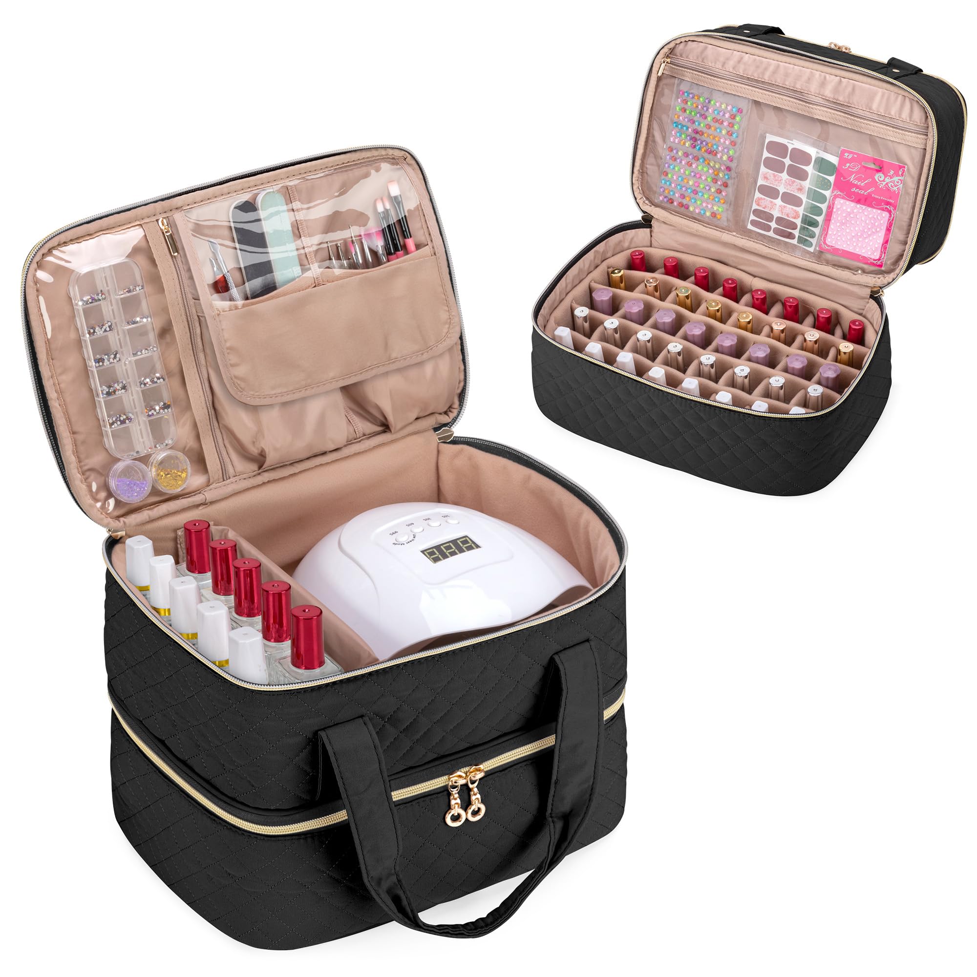 Yarwo Nail Polish Organizer Case Holds 50 Bottles(15ml/0.5 fl.oz) and Nail Lamp, Double Layers Nail Polish Bag with Adjustable Dividers for Nail Art