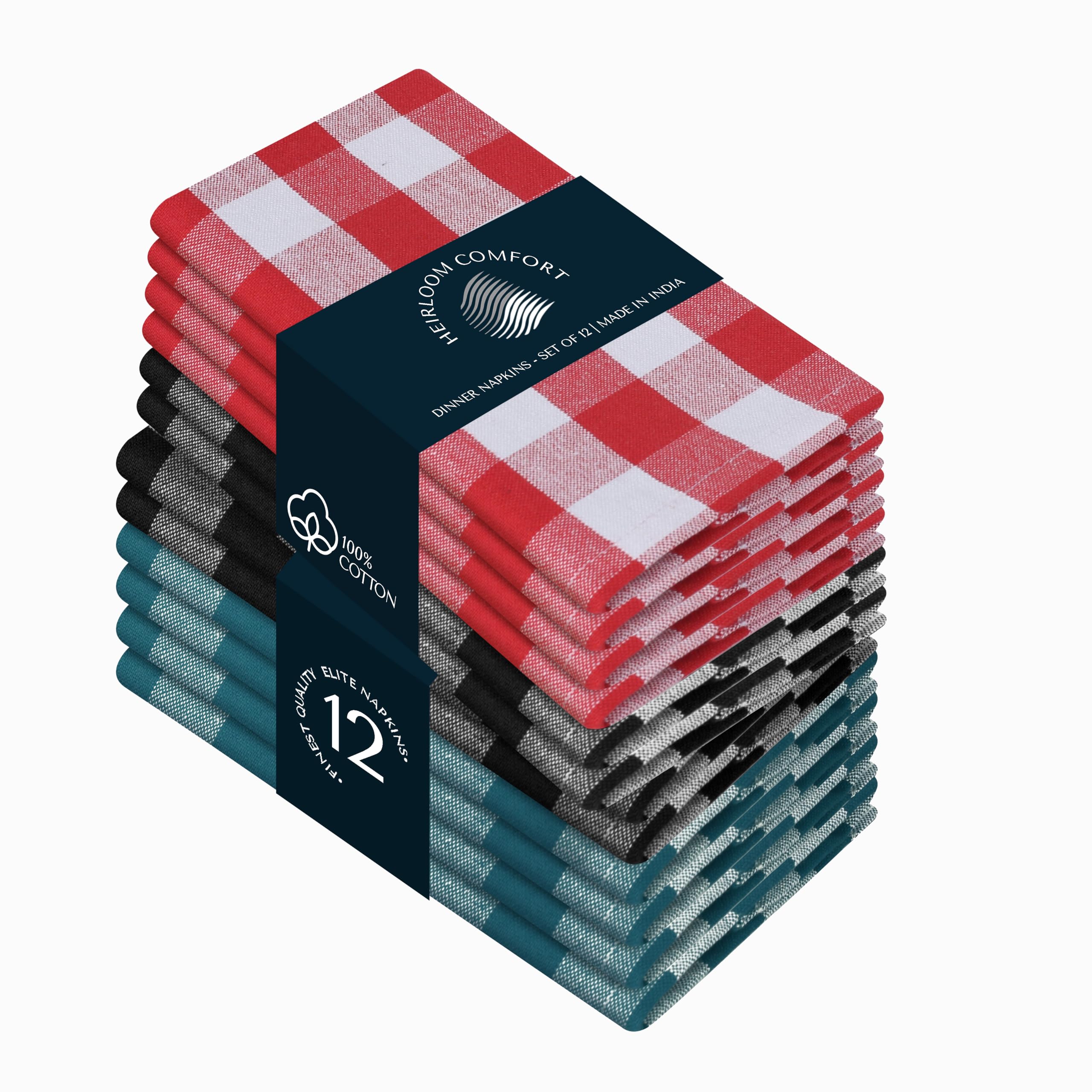 HEIRLOOM COMFORT Gingham Check Combo Cloth Napkins Set of 12, 45x45 cm, 100% Cotton, Super Absorbent & Reusable, Washable Fabric Napkins Dinner, Events, Everyday Use, Red, Black, Teal White