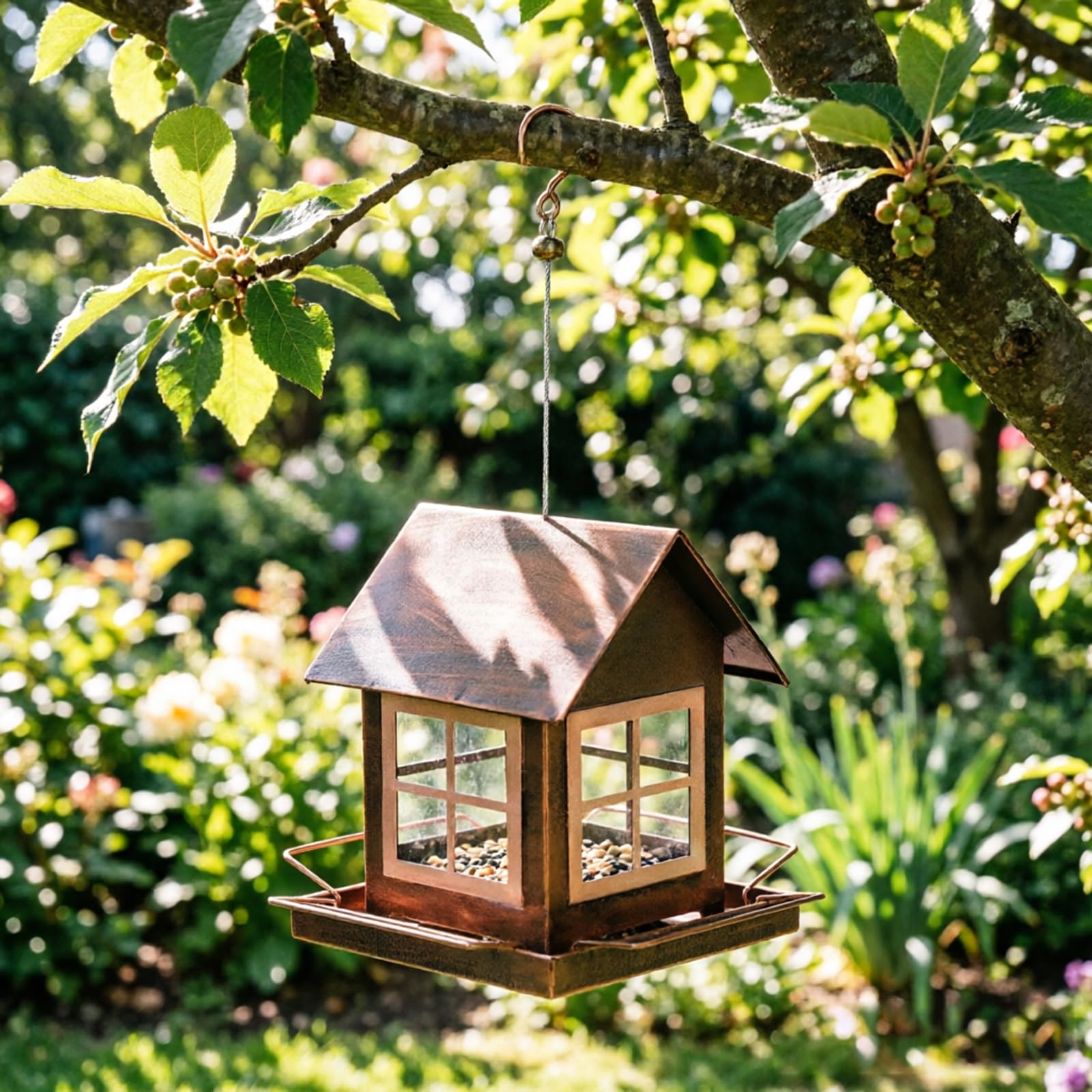 Mangiatoia per Uccelli per Giardino da Giardino Mangiatoia per Uccelli in Metallo Sospesa con Gancio Superiore e Vassoio Aperto, Mangiatoie da Esterno in Bronzo per Uccelli Selvatici Cortile Stazione