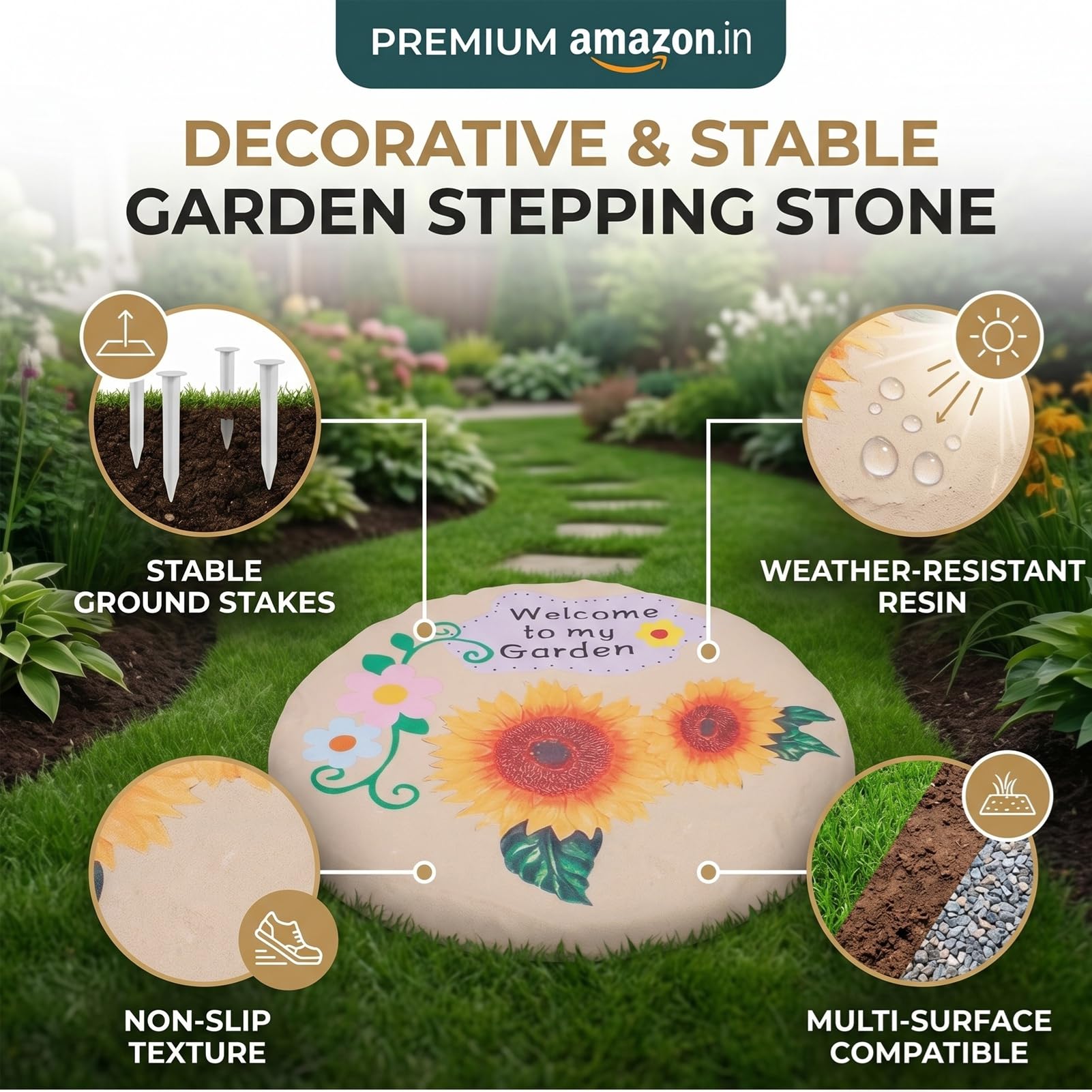 Luocute Dalles en Résine pour Jardin, Pas Japonais Ronds avec Piquets de Fixation, 4 Pièces étanches pour Pelouse Terrasse Allée, Installation Facile (Style de Petite Fleur de Tournesol)