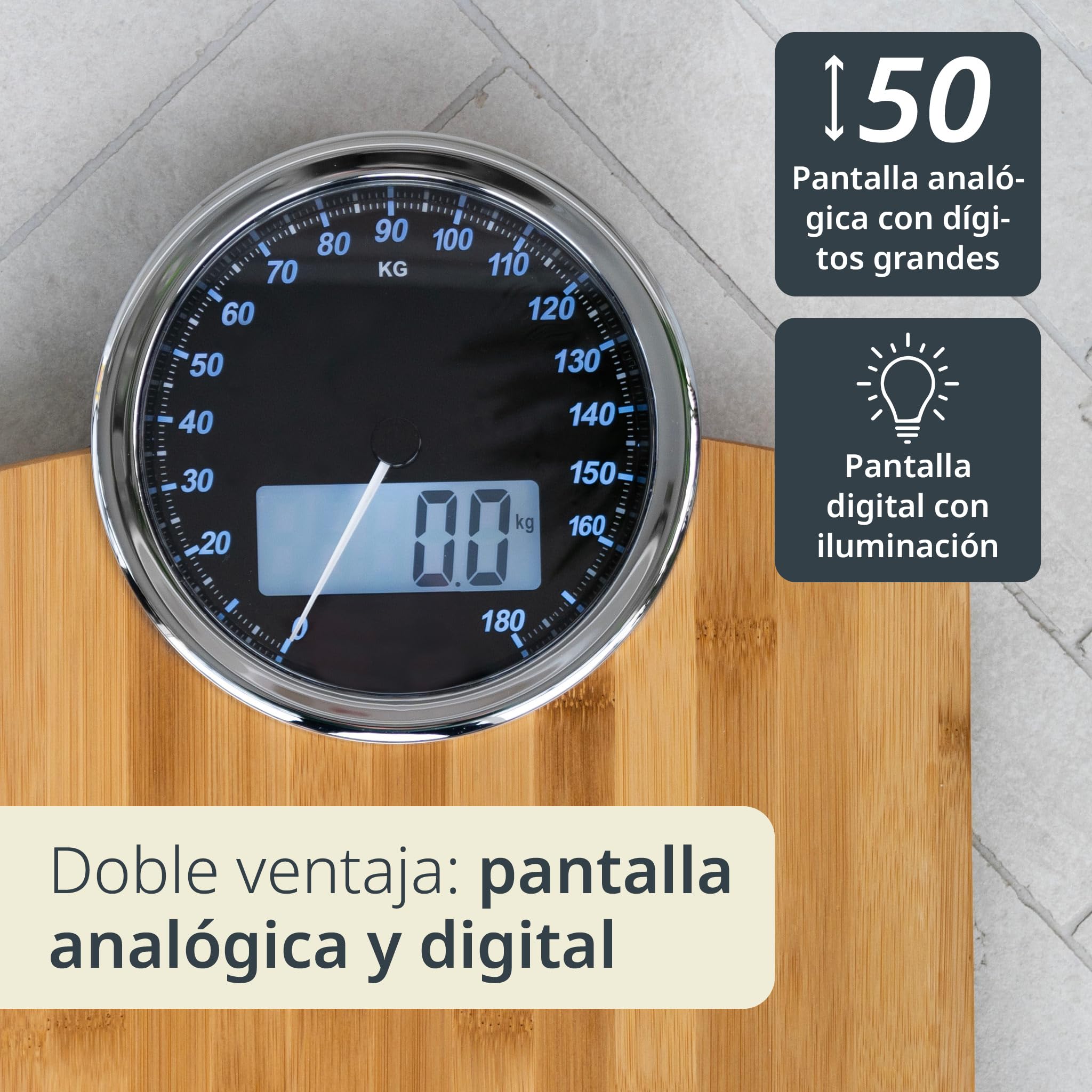 ADE Báscula corporal digital con pantalla analógica | gran pantalla | resultados muy precisos hasta 180 kg | superficie de pesaje de auténtica madera de bambú