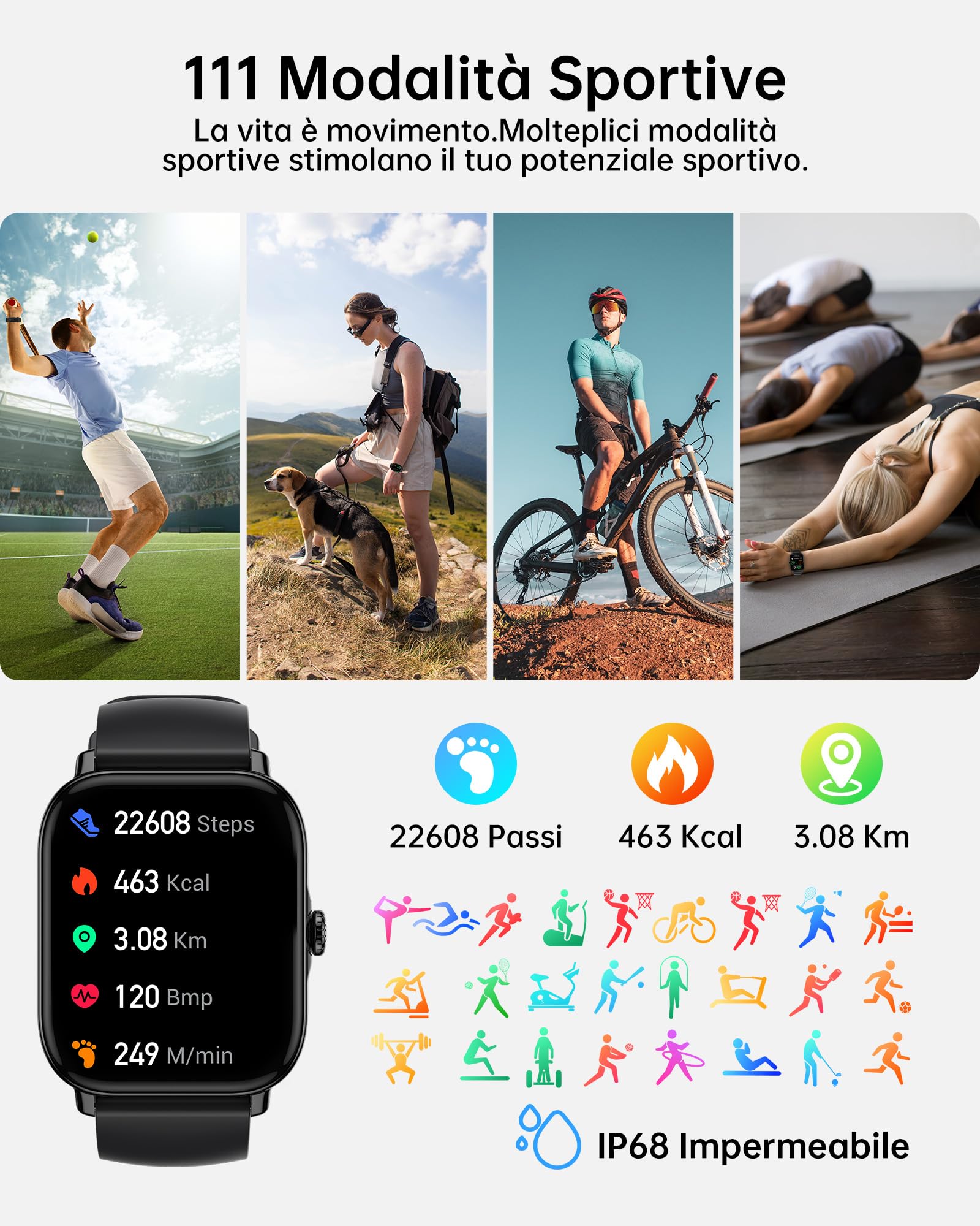 Smartwatch-Uomo-Donna-Funzione-Telefonica - 1,85" Full Touch Screen Orologio Smart Watch, 111+ Modalità Sportive,Monitor Della Frequenza Cardiaca, Monitor del Sonno,per Android iOS