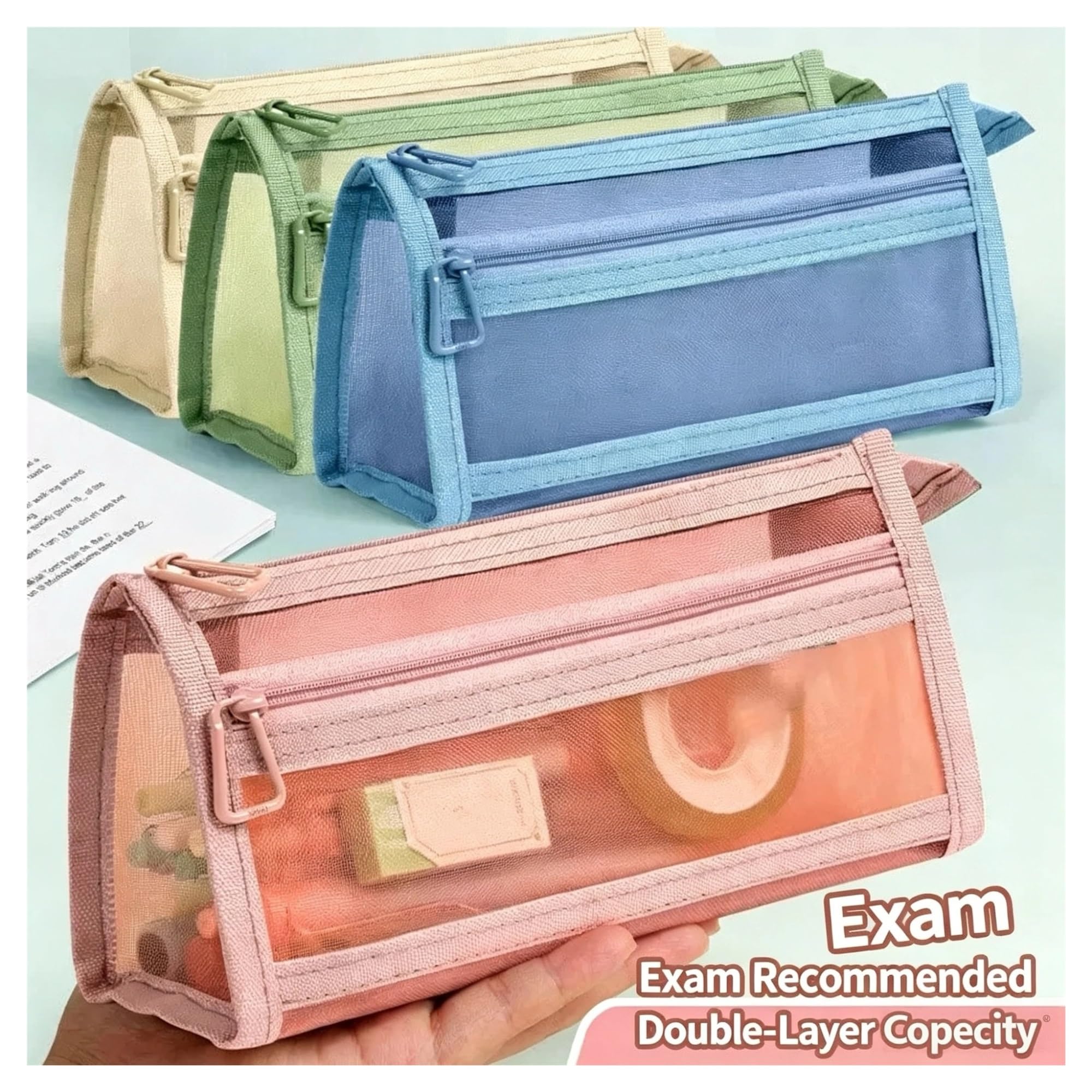 Astuccio in rete trasparente for esami | Doppio strato, grande capacità, design 3D, portatile, organizer for scuola/ufficio(Off-white)
