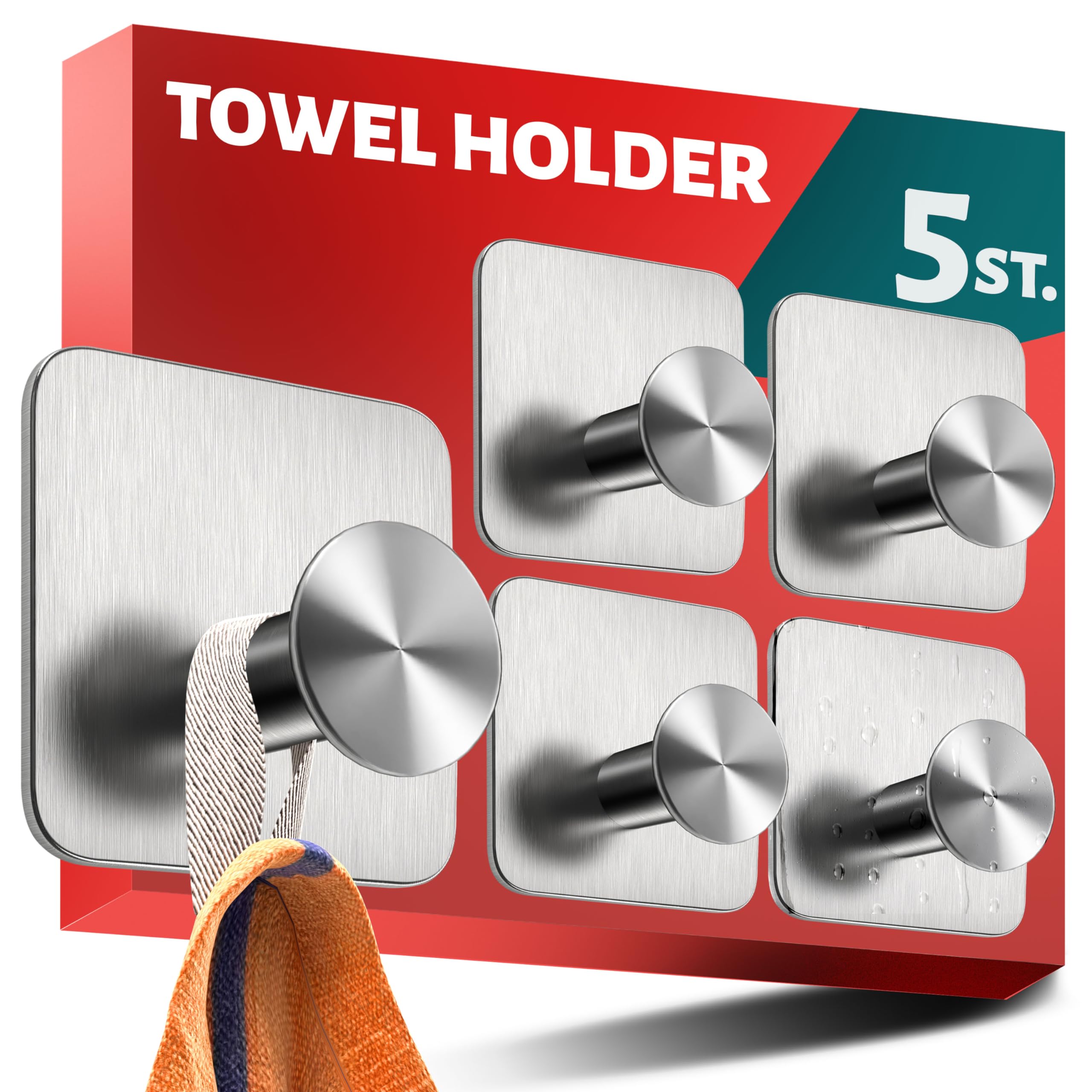 Menz 5 no-Drill self Adhesive Hooks – Stainless Steel Stick on Hooks for Heavy Duty, Sticky for Hanging Towels, Bathrobes and Keys, Rust-Free for Bathrooms