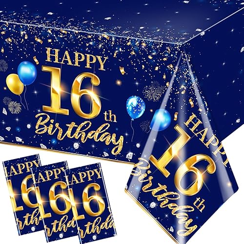 GREHUMOR Decoraciones de cumpleaños número 16 para hombre, 3 piezas, color azul marino, fundas rectangulares de plástico impermeables de plástico
