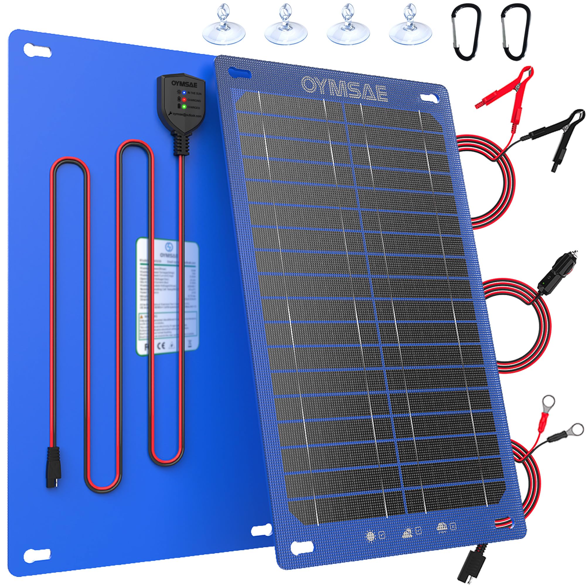 OYMSAE Chargeur solaire et mainteneur de batterie 12 V 15 W – Chargeur de batterie étanche avec contrôleur intelligent pour voiture, bateau, camping-car, camion – Comprend une prise allume-cigare et