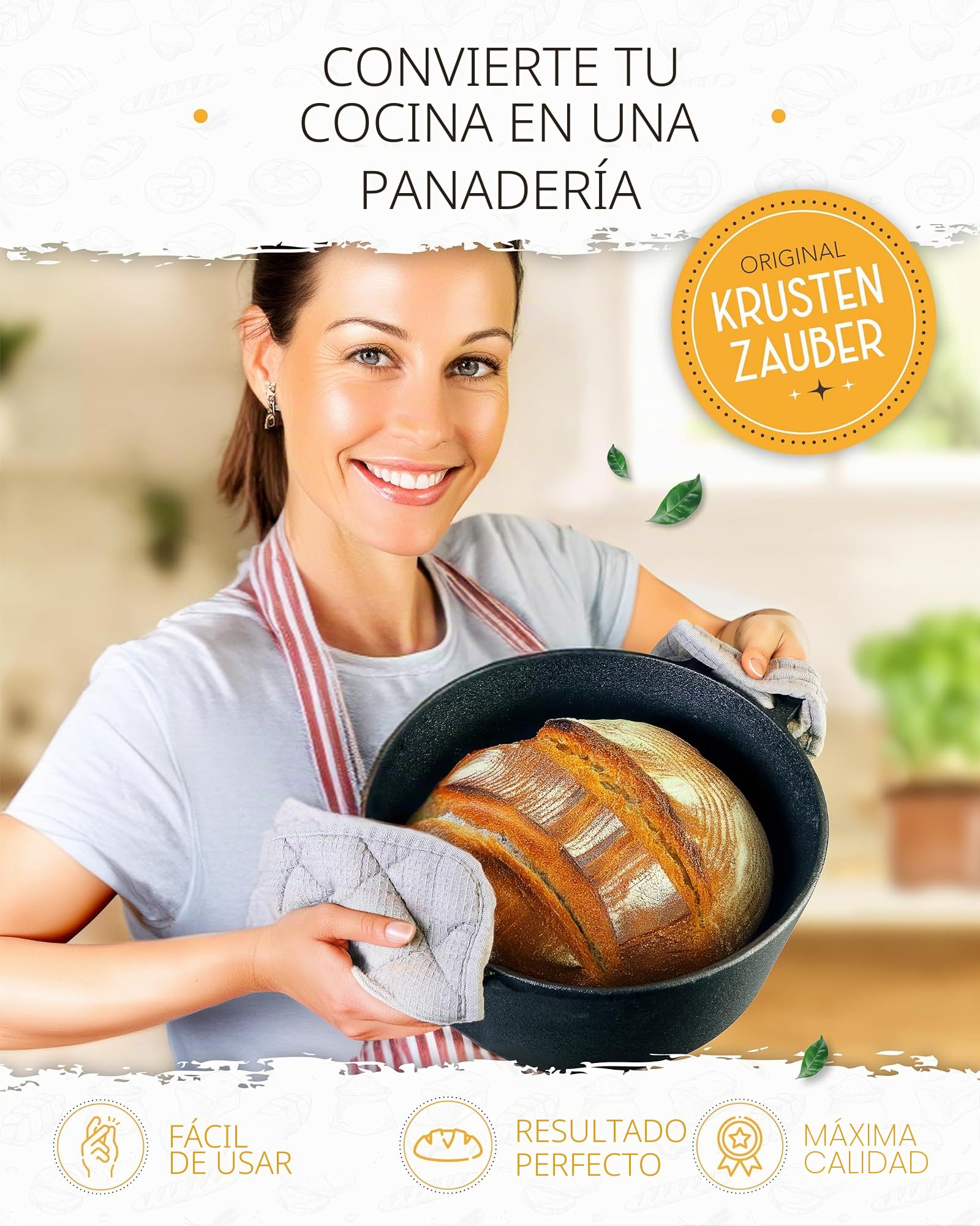 KRUSTENZAUBER Cacerola de hierro fundido de 26 cm, molde para pan con tapa, ideal para hornear pan casero | Cast Iron Pot como cacerola de alta calidad con recetas versátiles, como sartén apta para horno o sartén para pan