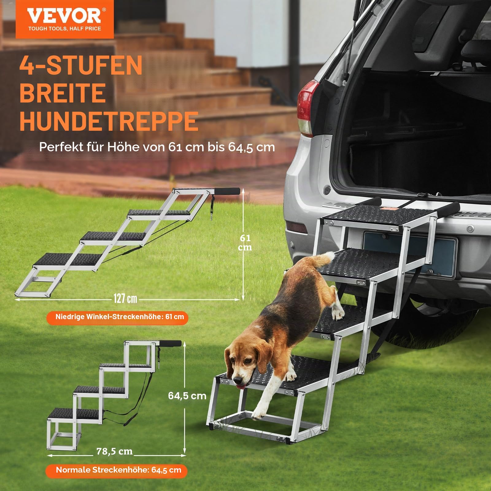 VEVOR Hundetreppe bis zu 68 kg belastbar, 4-stufige Hunderampe, zusammenklappbare Haustiertreppe mit Rutschfester Oberfläche, Einstiegshilfe Hund Auto, Treppen & Stufen für Auto, SUV und LKW