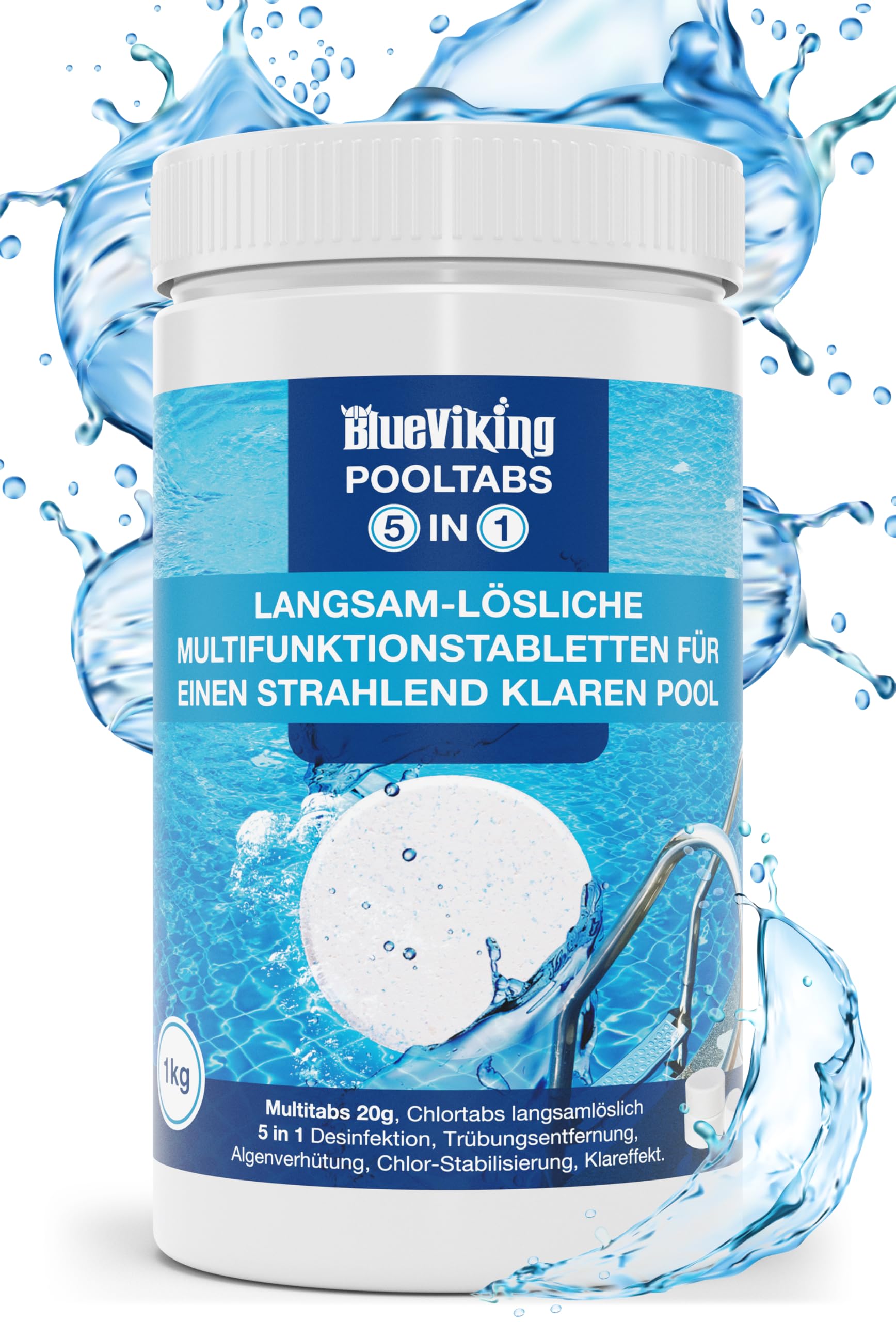 BlueViking Chlortabletten Fuer Pool | 5 in 1 Multitabs 20g, 1 kg | Langzeit-Chlorierung, Algizid & Filterschutz | Made in Europe