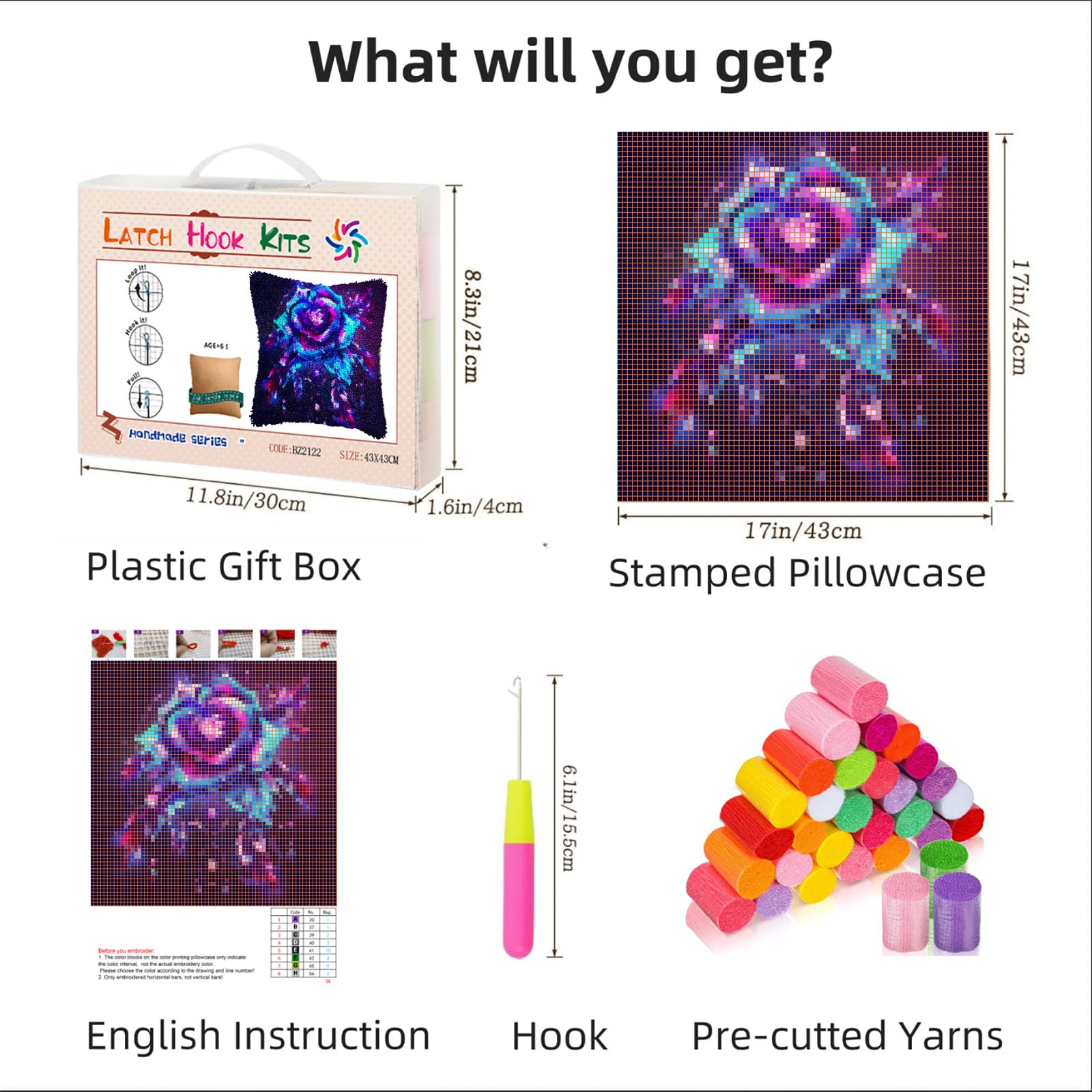 Luminescence Rose DIY Latch Hook Pillow Kits for Adults Printed Pillowcase Crochet Yarns Hooking Handmade Pillow Cover Cushion for Home Sofa Decoration 17x17inch(1)