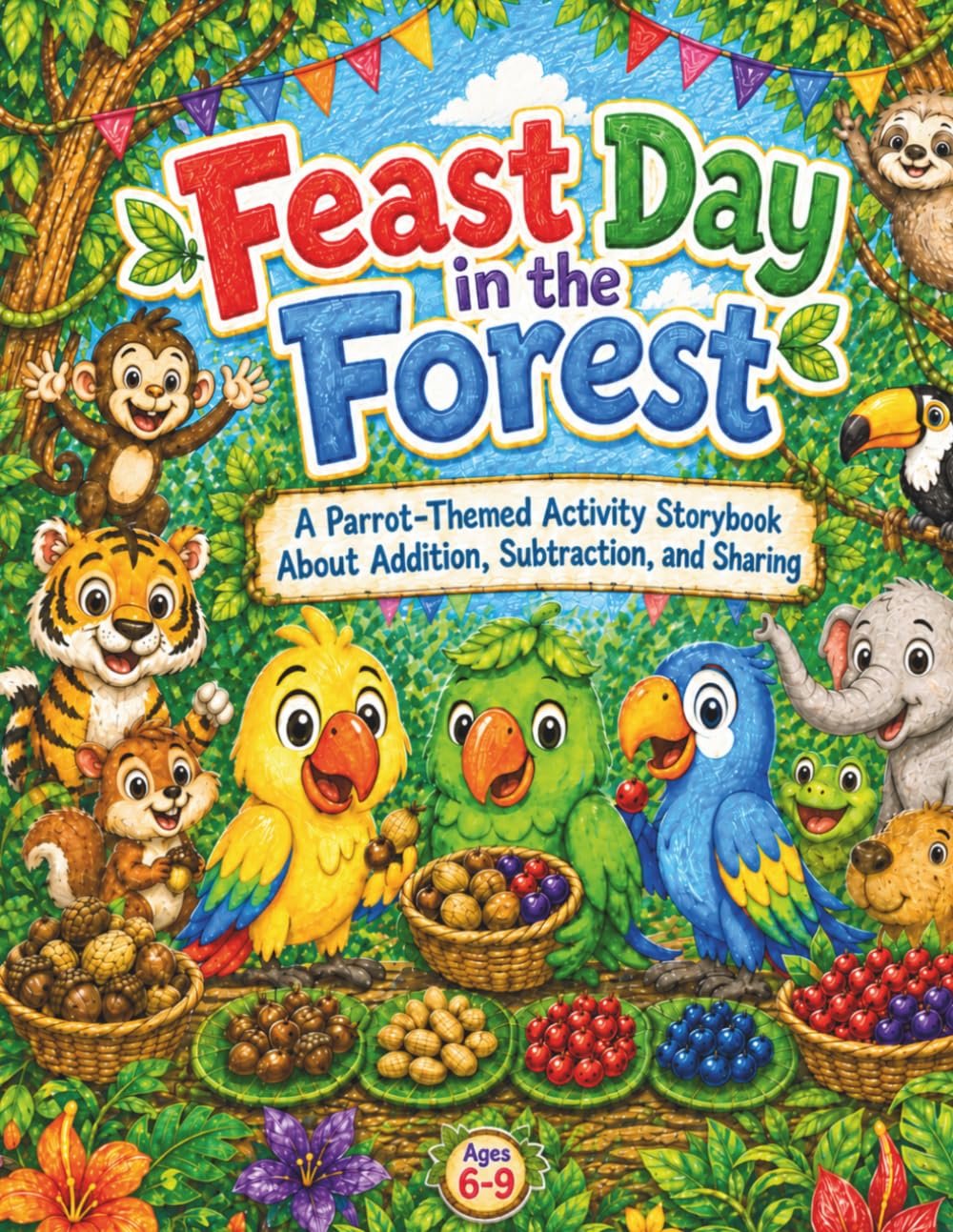 Feast Day in the Forest: A Parrot-Themed Activity Storybook About Addition, Subtraction, and Sharing for Ages 6-9