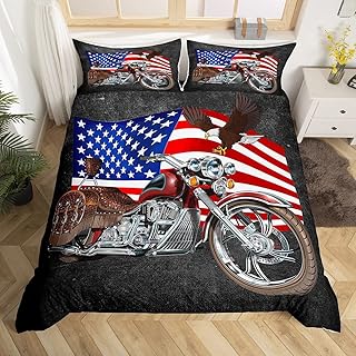 American Flag Duvet Cover Set King,Motorcycle Bedding Set 3pcs for Kids Teens Boys Girls Adult Room Decor,Eagle Animal Comforter Cover Brown Quilt Cover with 2 Pillowcases